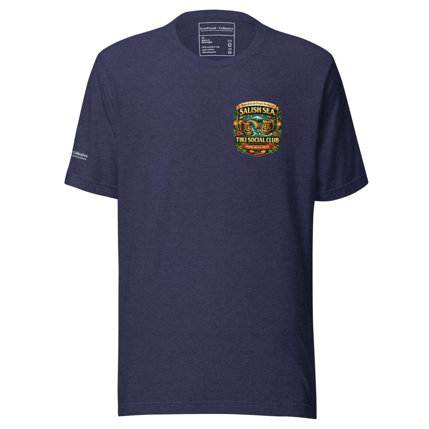 Serving Spirits Retro Tiki T-Shirt — heather midnight navy, front view, queer-owned PNW Pride apparel