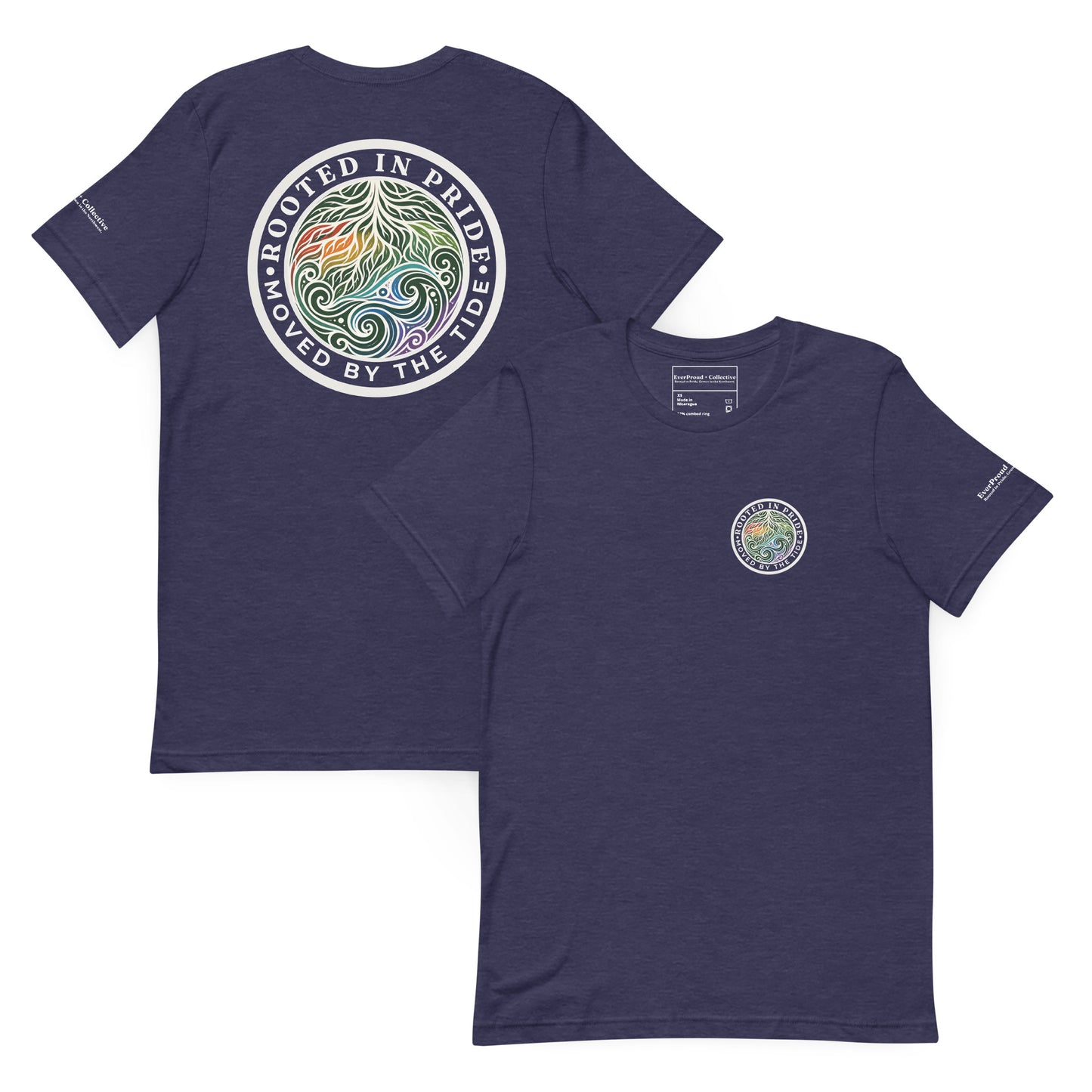 Moved by the Tide T-Shirt — heather midnight navy, front and back view, queer-owned PNW Pride apparel