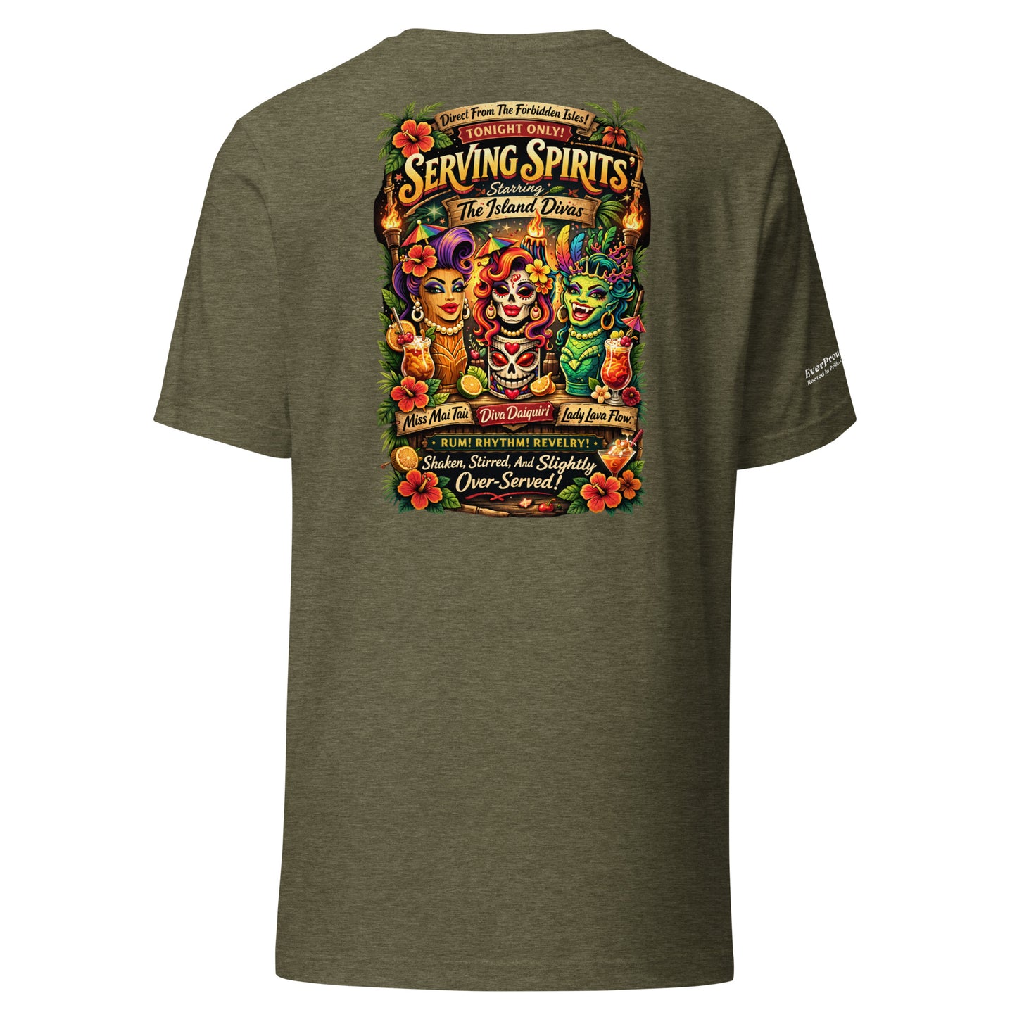 Serving Spirits Retro Tiki T-Shirt — heather olive, back view, queer-owned PNW Pride apparel
