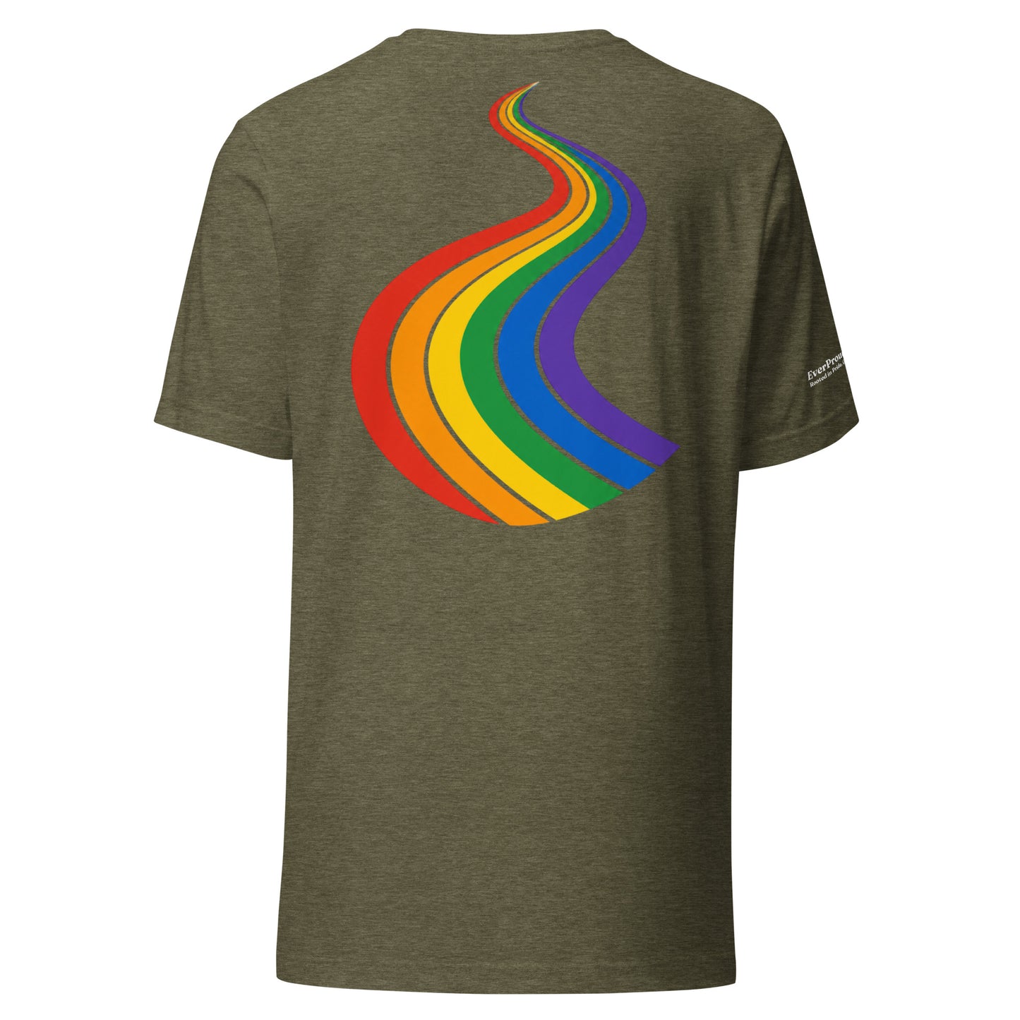 ProudPath T-Shirt — heather olive, back view, queer-owned PNW Pride apparel