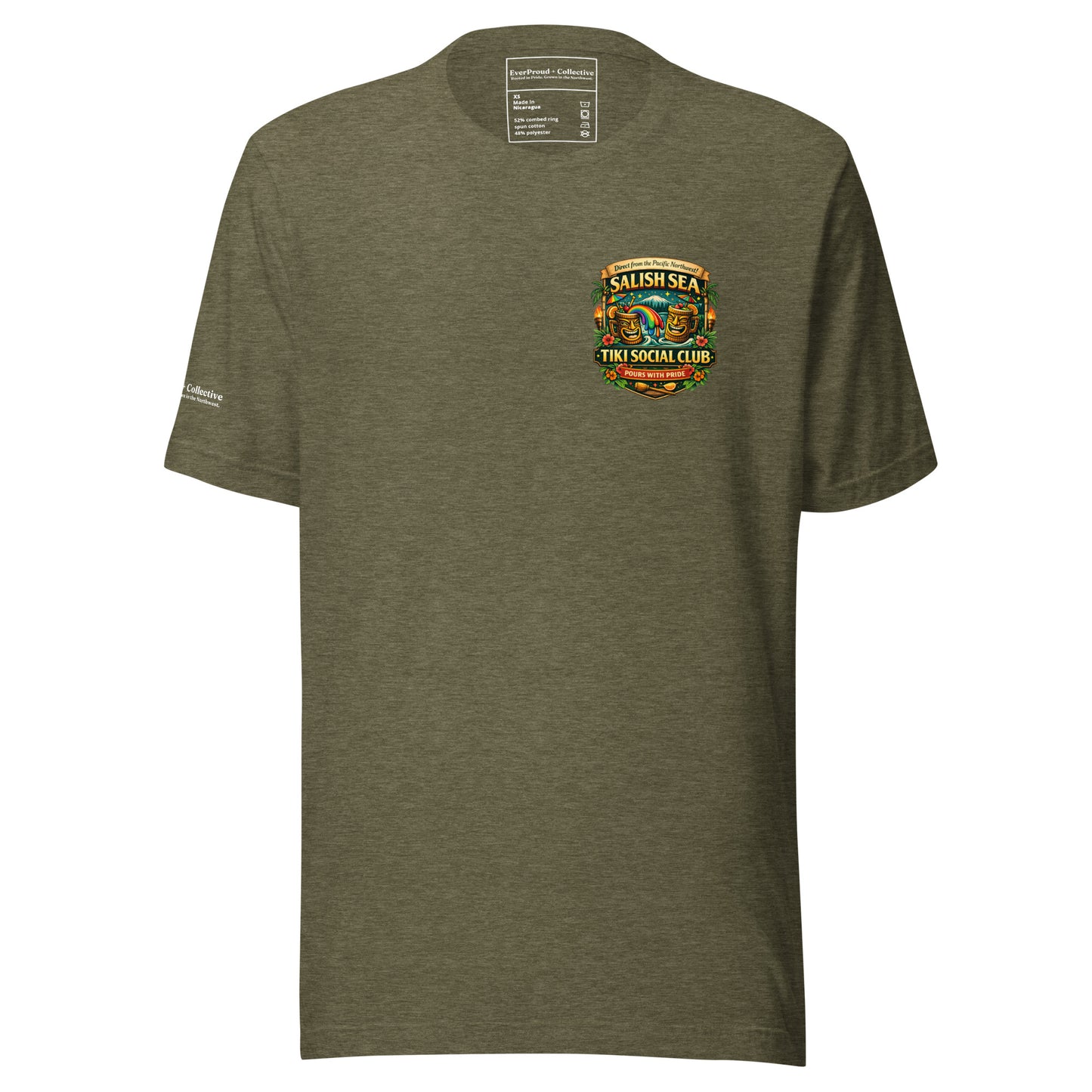 Serving Spirits Retro Tiki T-Shirt — heather olive, front view, queer-owned PNW Pride apparel