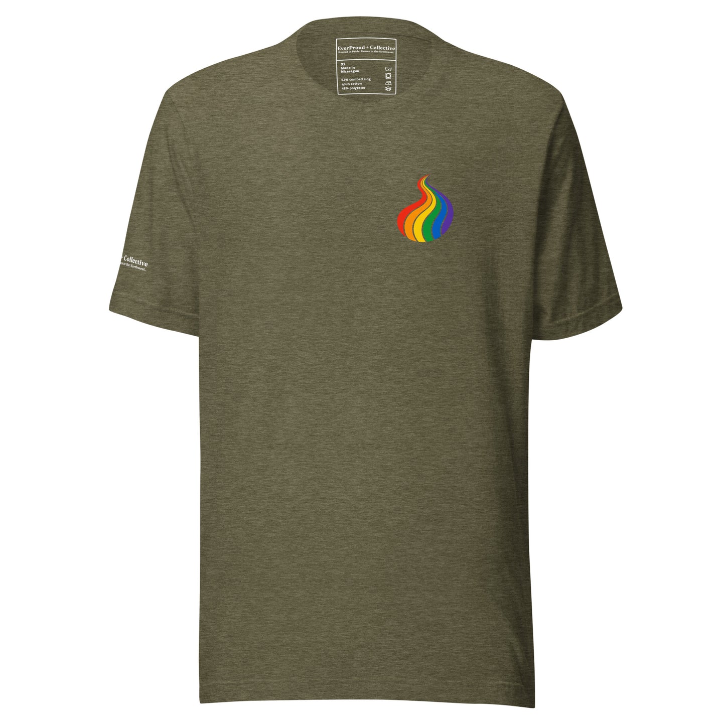 ProudPath T-Shirt — heather olive, front view, queer-owned PNW Pride apparel
