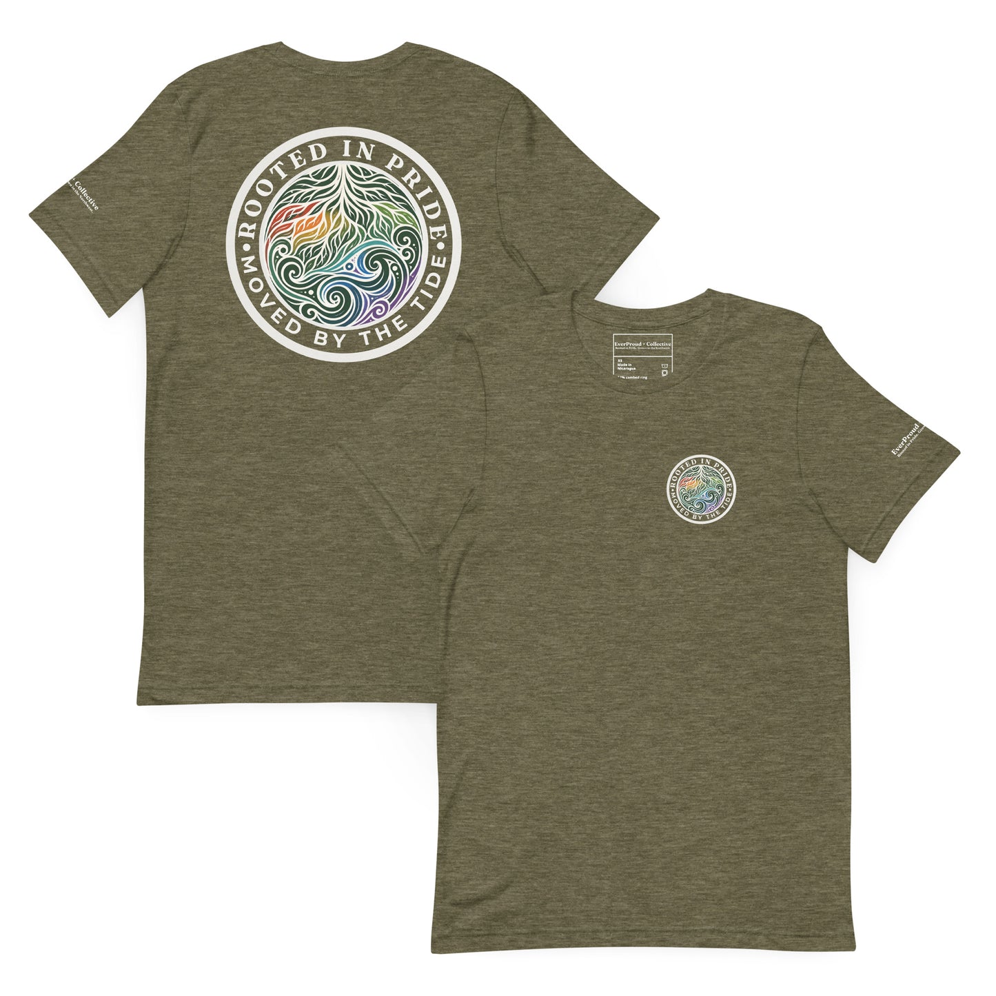 Moved by the Tide T-Shirt — heather olive, front and back view, queer-owned PNW Pride apparel