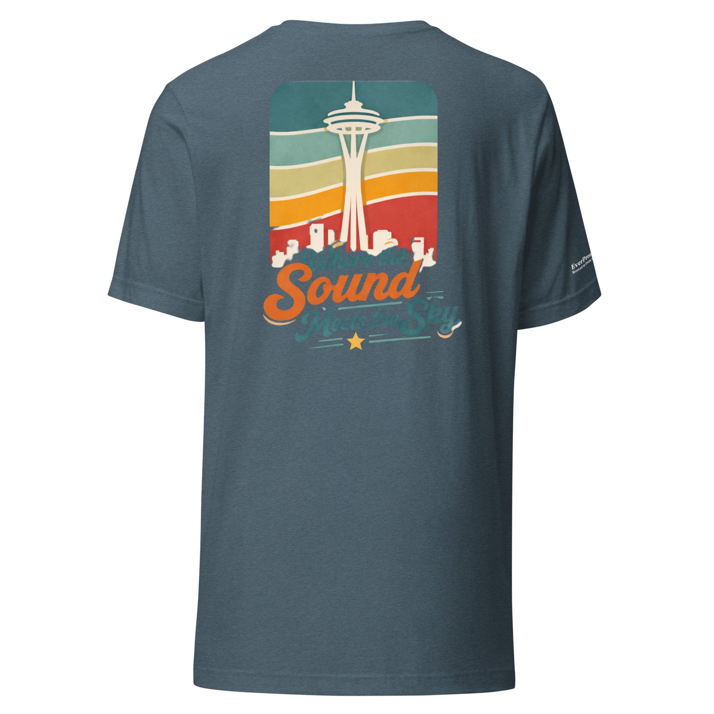 Where the Sound Meets the Sky T-Shirt — heather slate, back view, queer-owned PNW Pride apparel