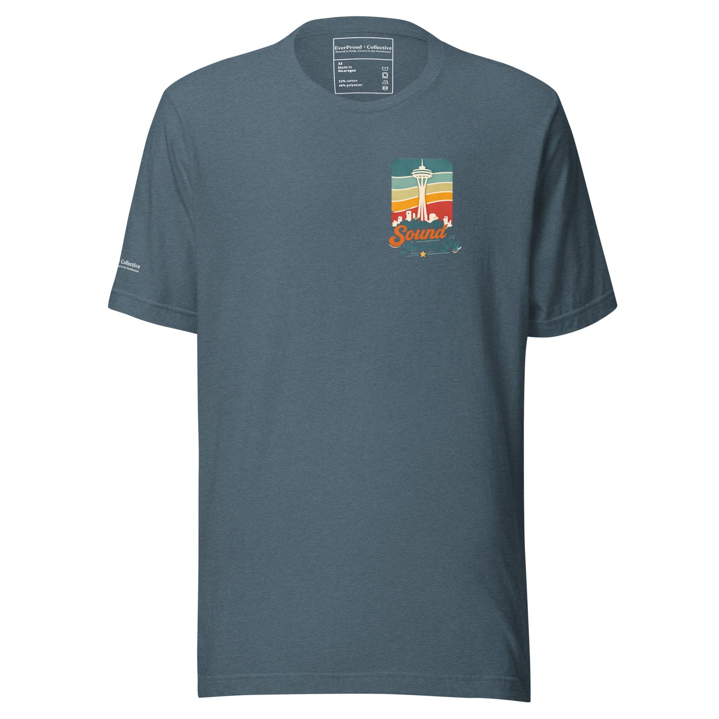 Where the Sound Meets the Sky T-Shirt — heather slate, front view, queer-owned PNW Pride apparel