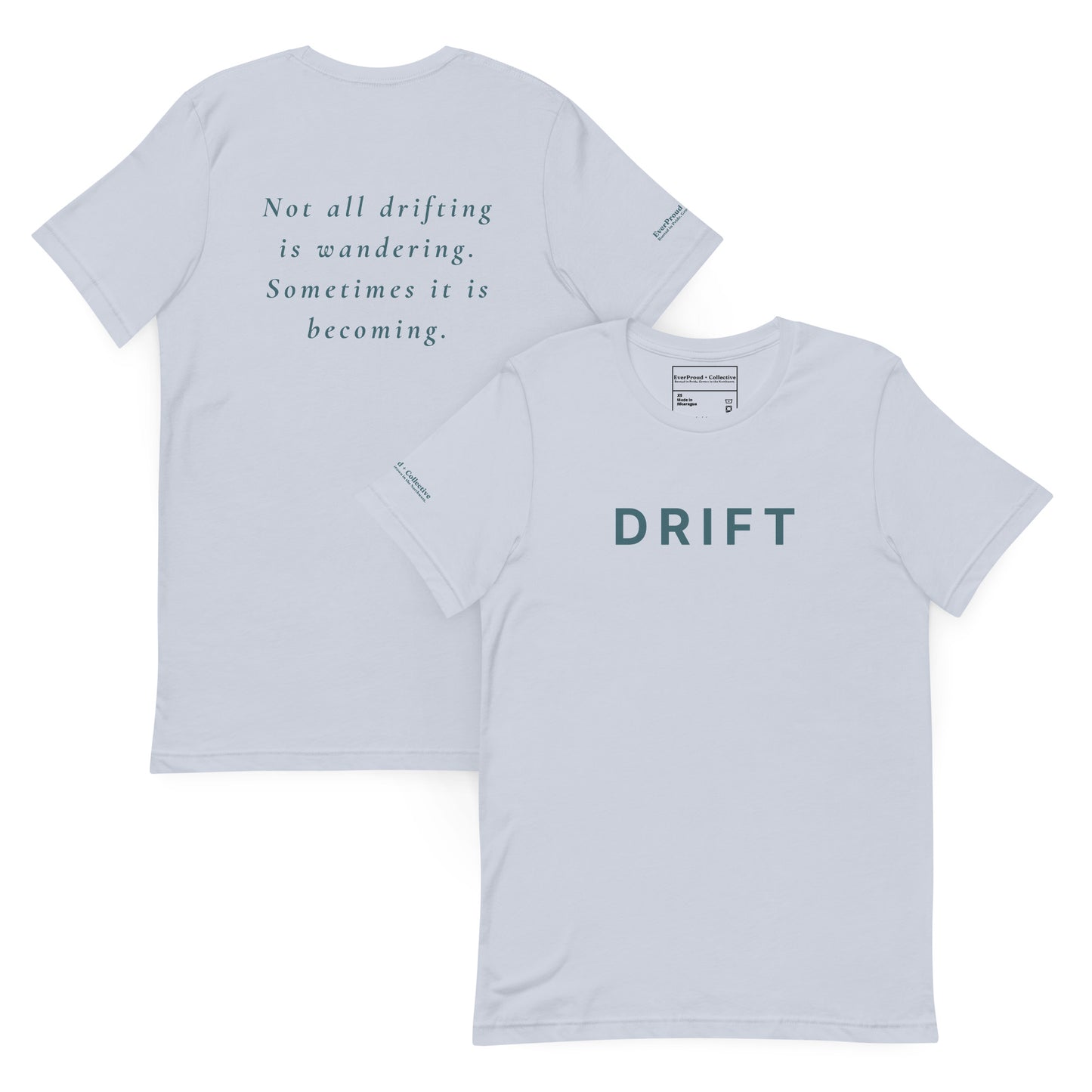 Drift T-Shirt — light blue, front and back view, queer-owned PNW Pride apparel