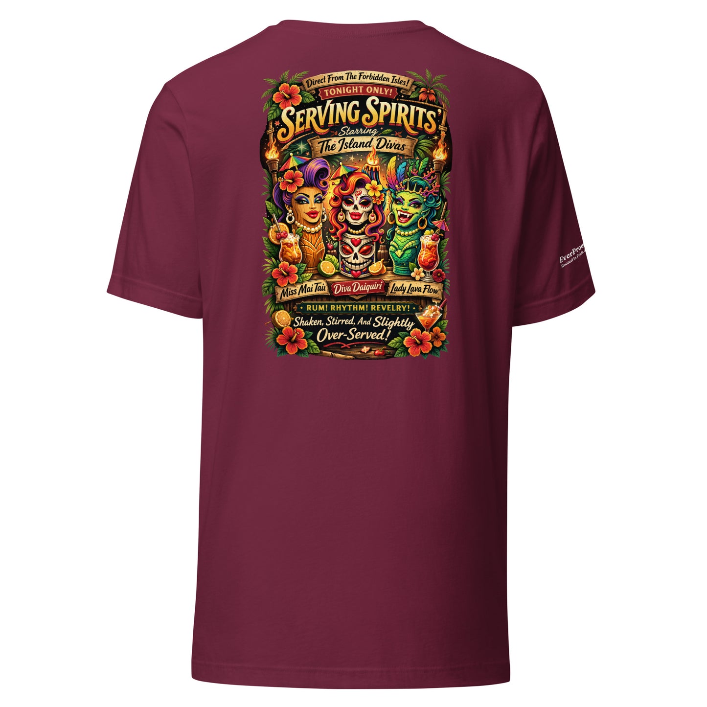 Serving Spirits Retro Tiki T-Shirt — maroon, back view, queer-owned PNW Pride apparel