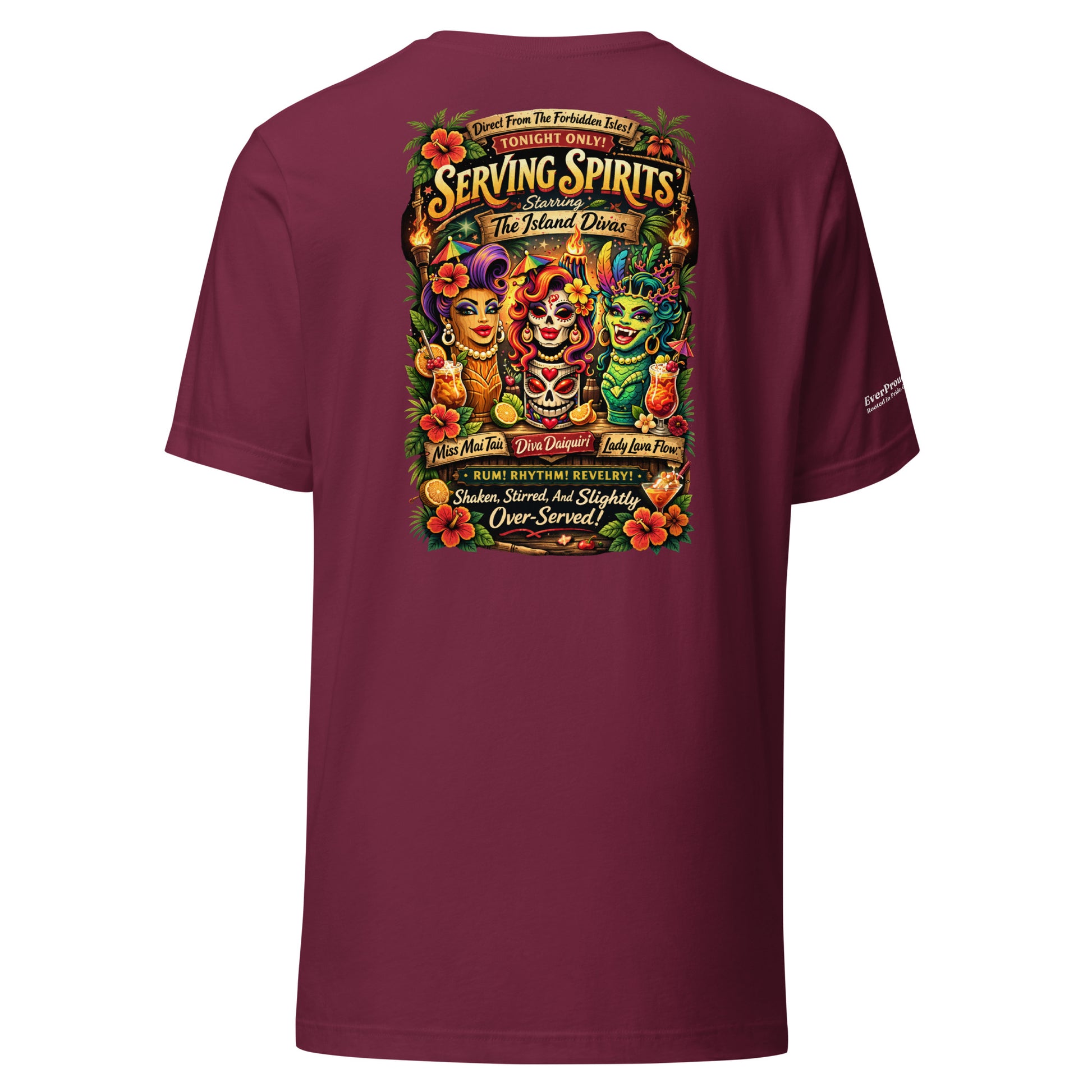 Serving Spirits Retro Tiki T-Shirt — maroon, back view, queer-owned PNW Pride apparel