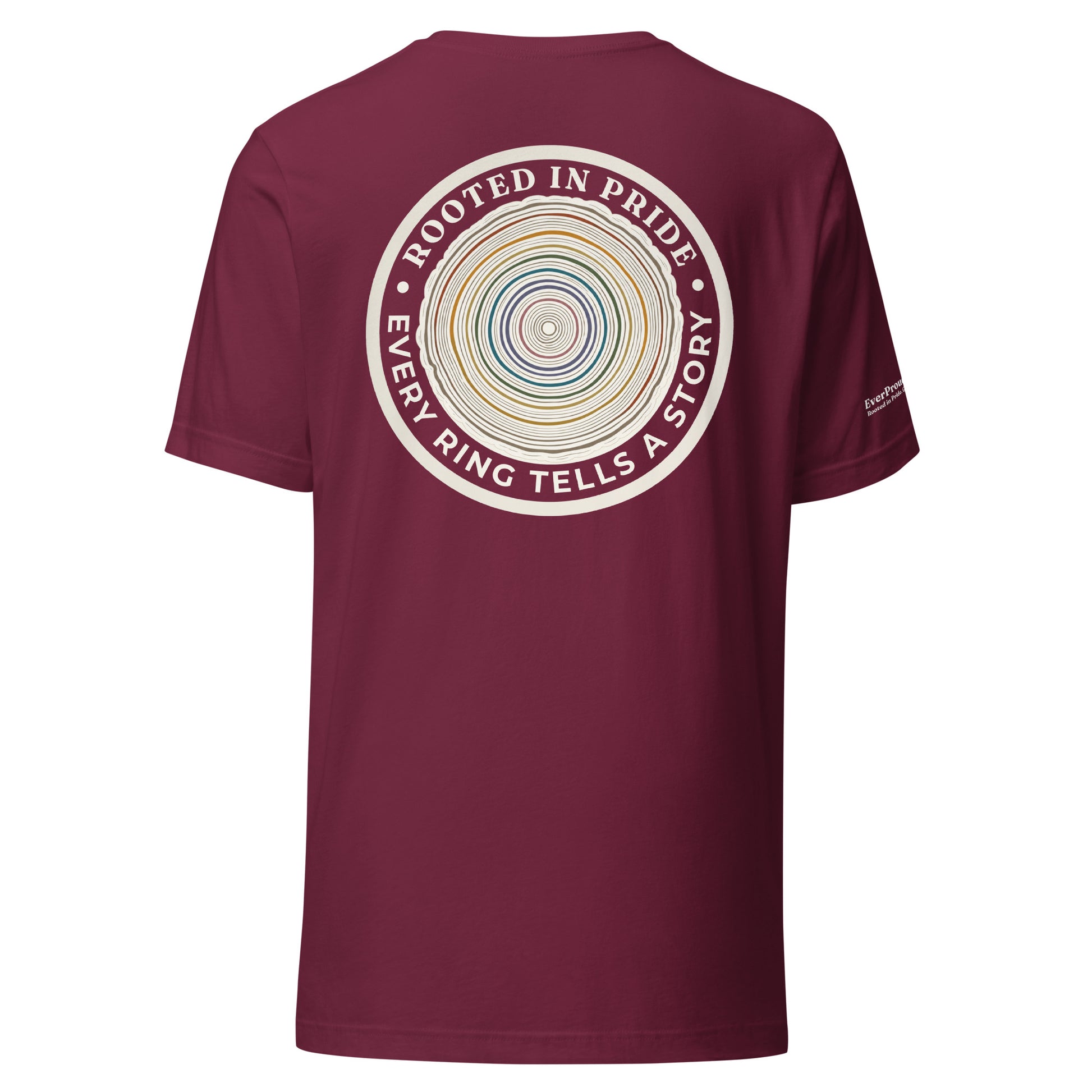 Quiet Rings T-Shirt — maroon, back view, queer-owned PNW Pride apparel