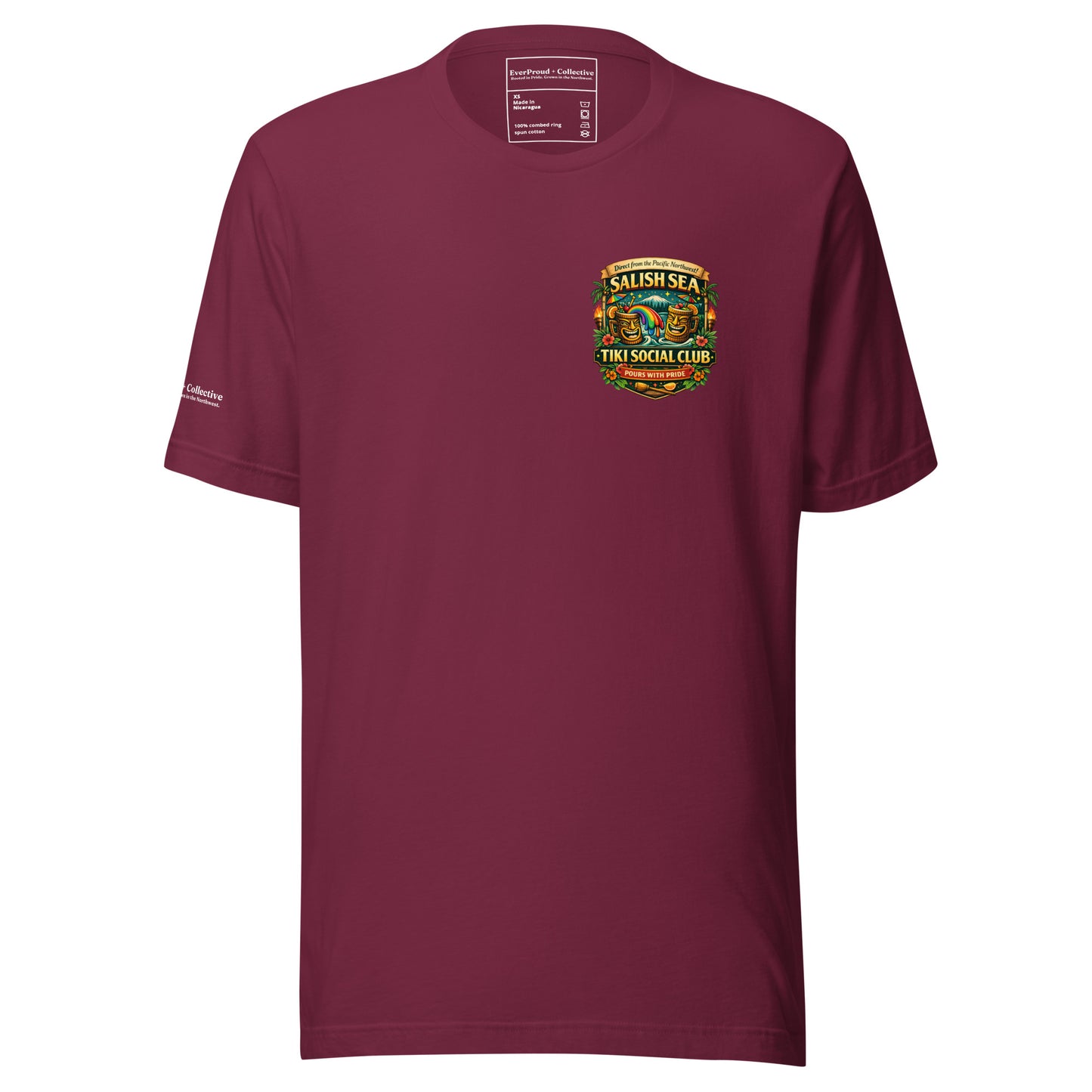 Serving Spirits Retro Tiki T-Shirt — maroon, front view, queer-owned PNW Pride apparel