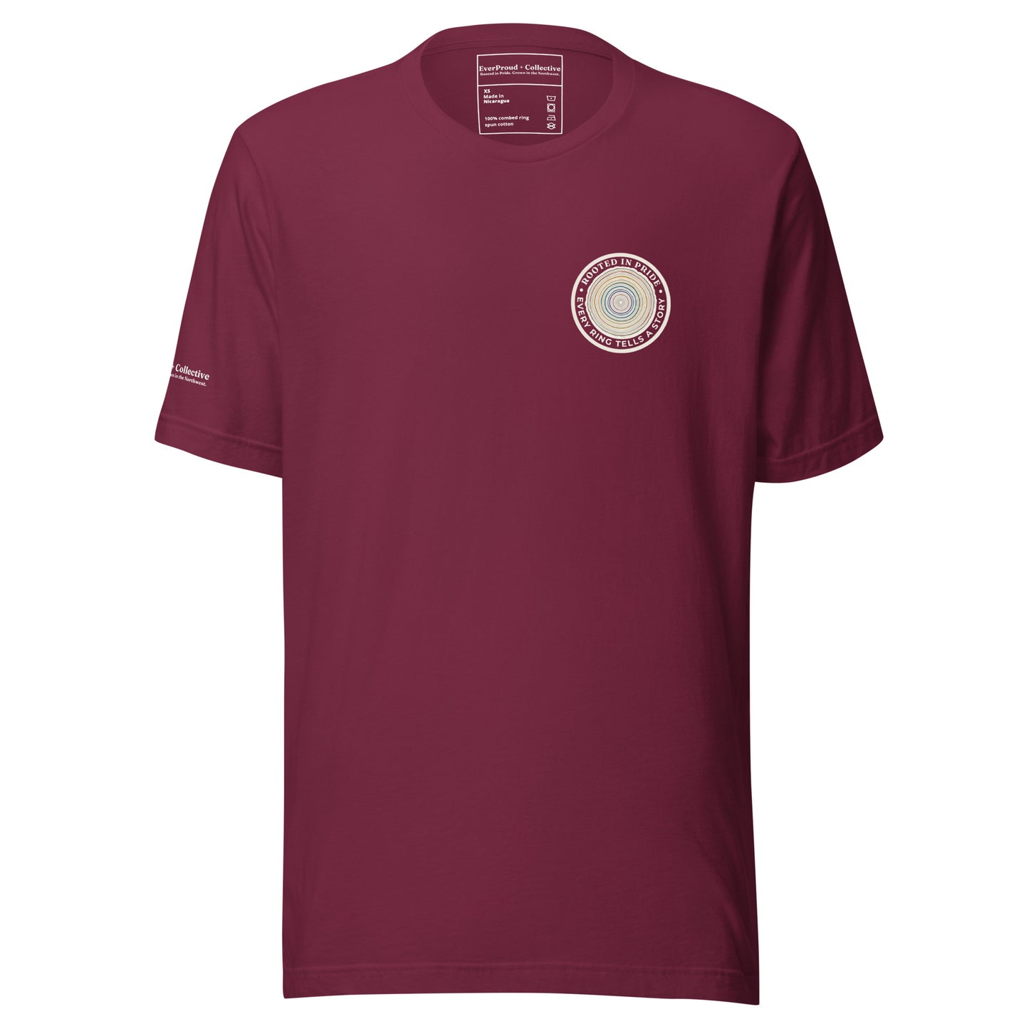 Quiet Rings T-Shirt — maroon, front view, queer-owned PNW Pride apparel