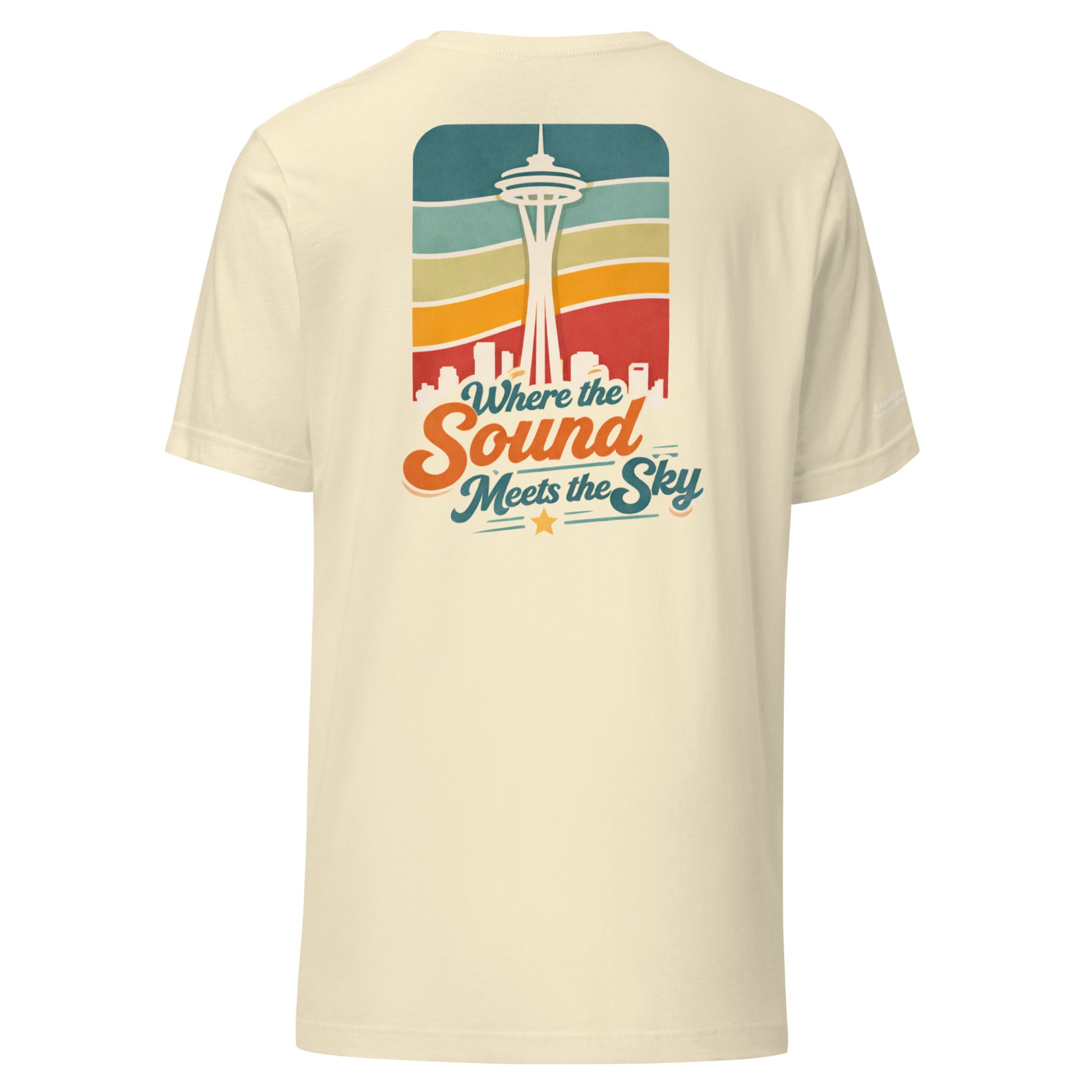 Where the Sound Meets the Sky T-Shirt — natural, back view, queer-owned PNW Pride apparel