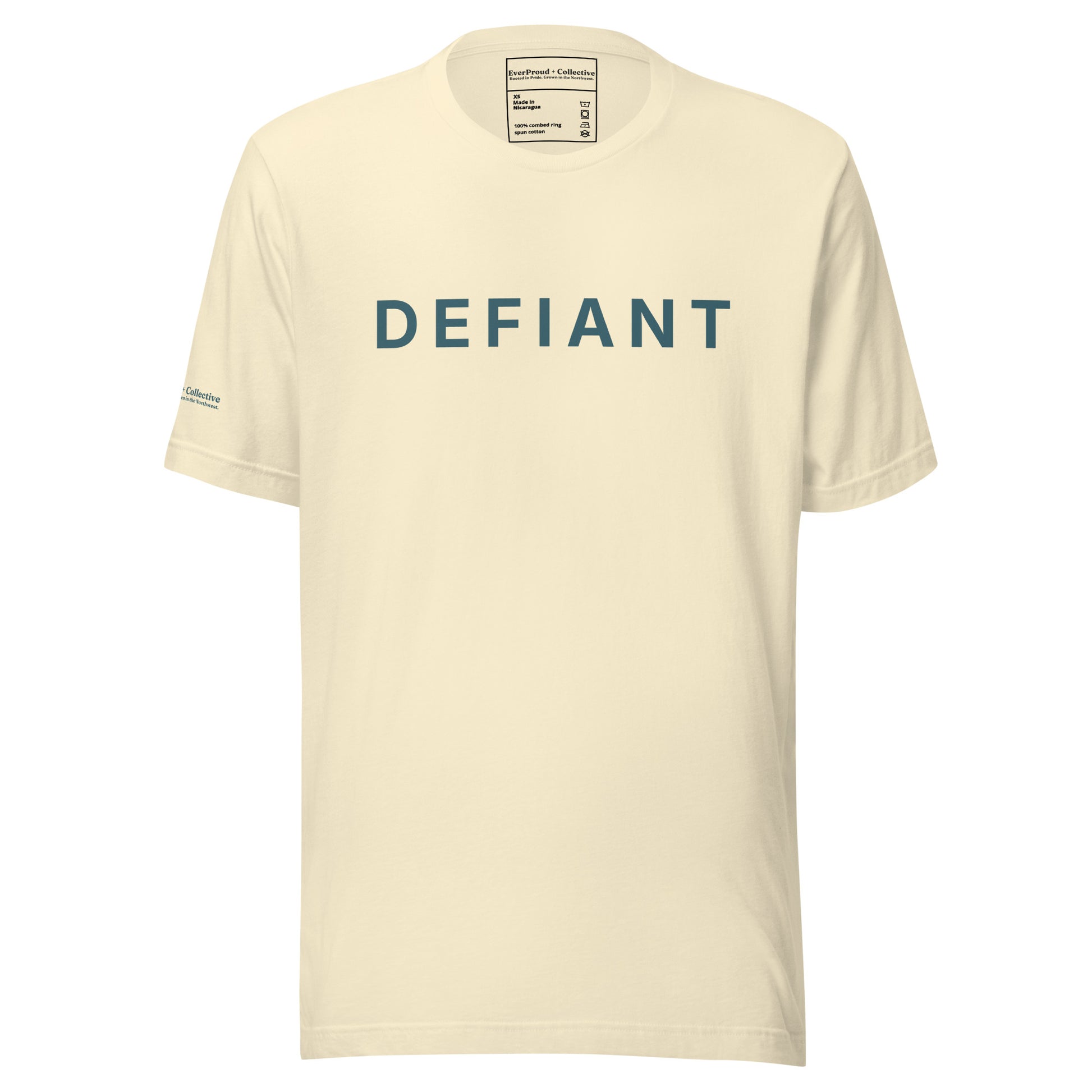 Defiant T-Shirt — natural, front view, queer-owned PNW Pride apparel