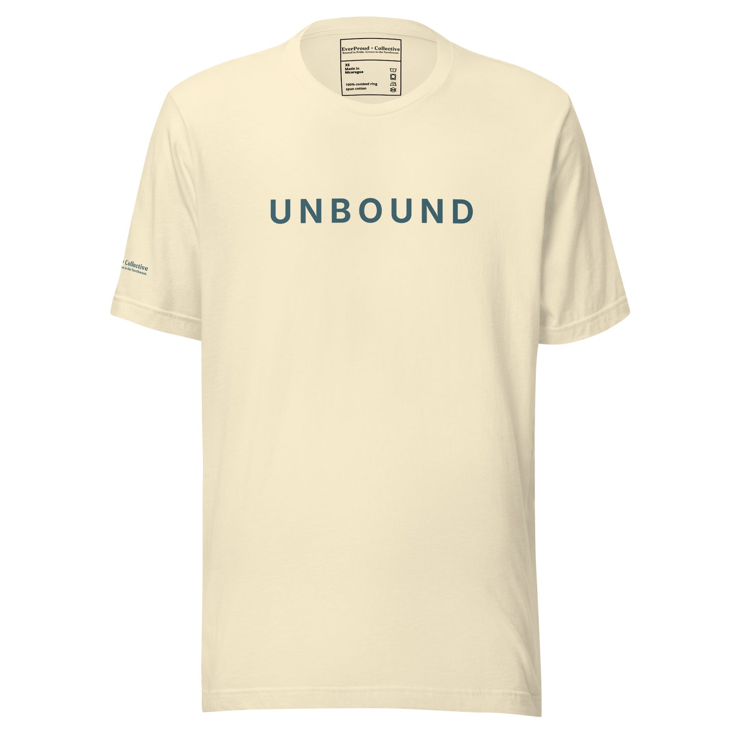 Unbound T-Shirt — natural, front view, queer-owned PNW Pride apparel