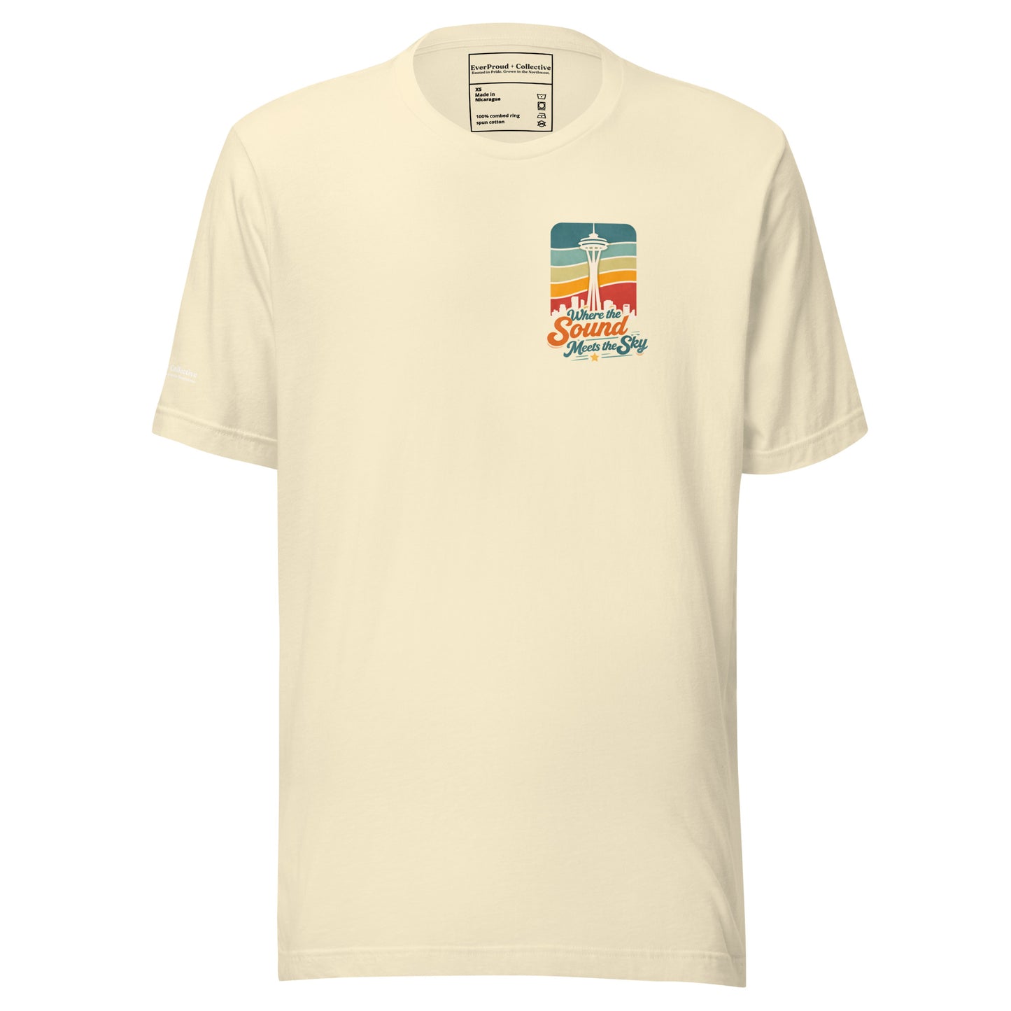Where the Sound Meets the Sky T-Shirt — natural, front view, queer-owned PNW Pride apparel