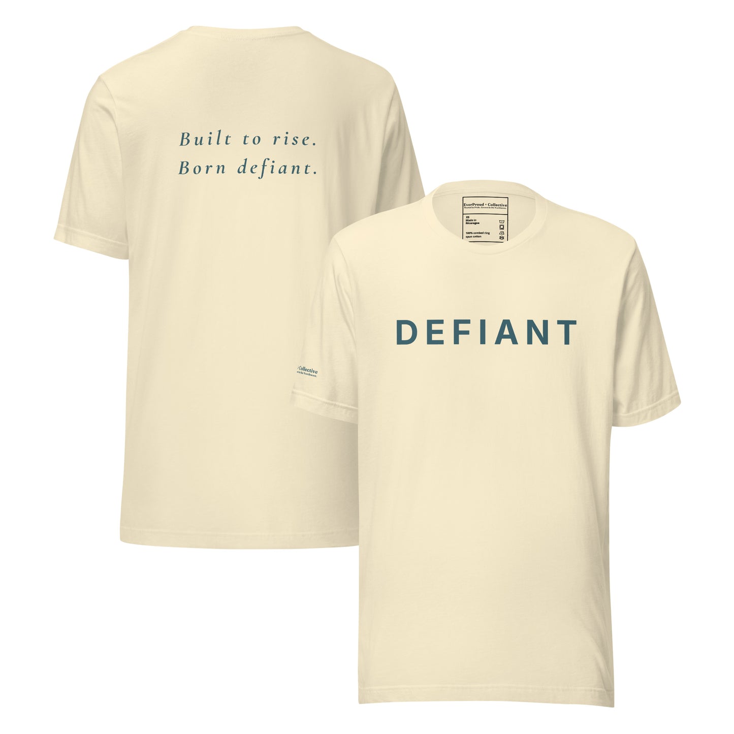 Defiant T-Shirt — natural, front and back view, queer-owned PNW Pride apparel
