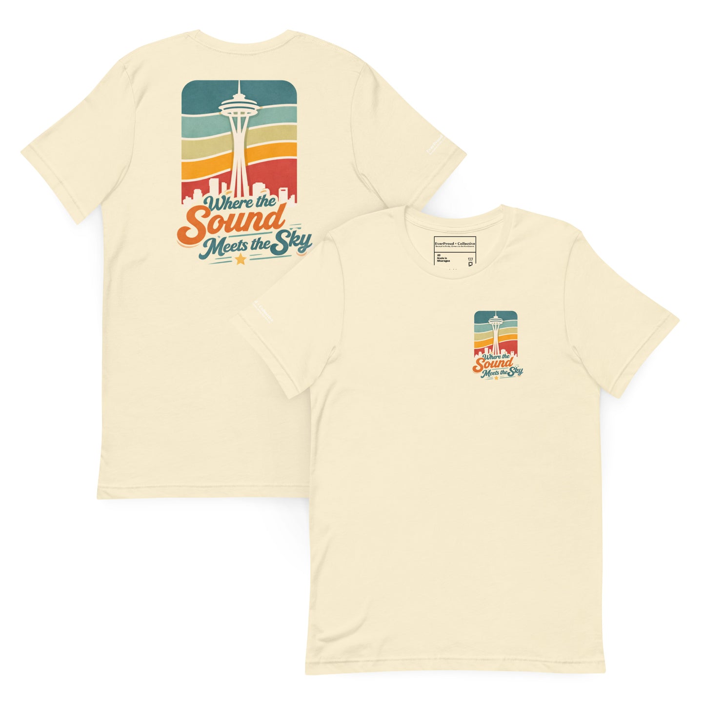 Where the Sound Meets the Sky T-Shirt — natural, front and back view, queer-owned PNW Pride apparel