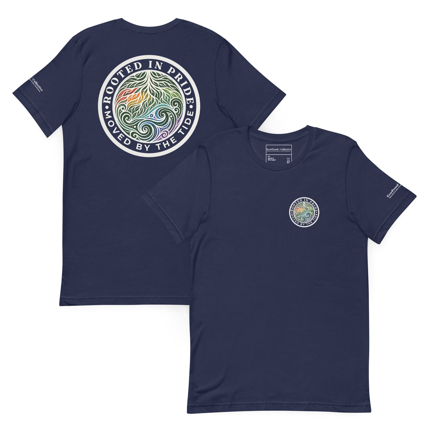 Moved by the Tide T-Shirt — navy, front and back view, queer-owned PNW Pride apparel
