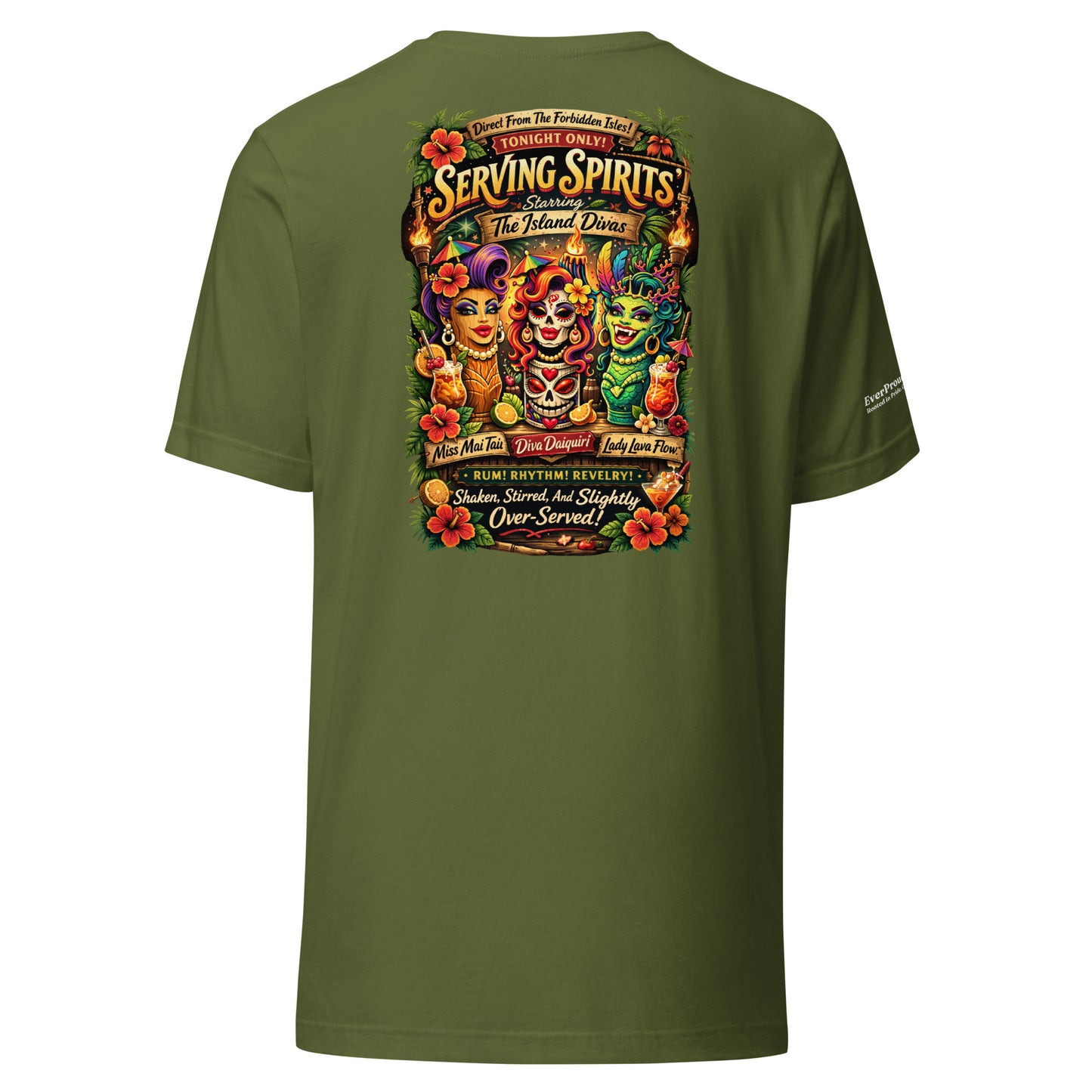 Serving Spirits Retro Tiki T-Shirt — olive, back view, queer-owned PNW Pride apparel