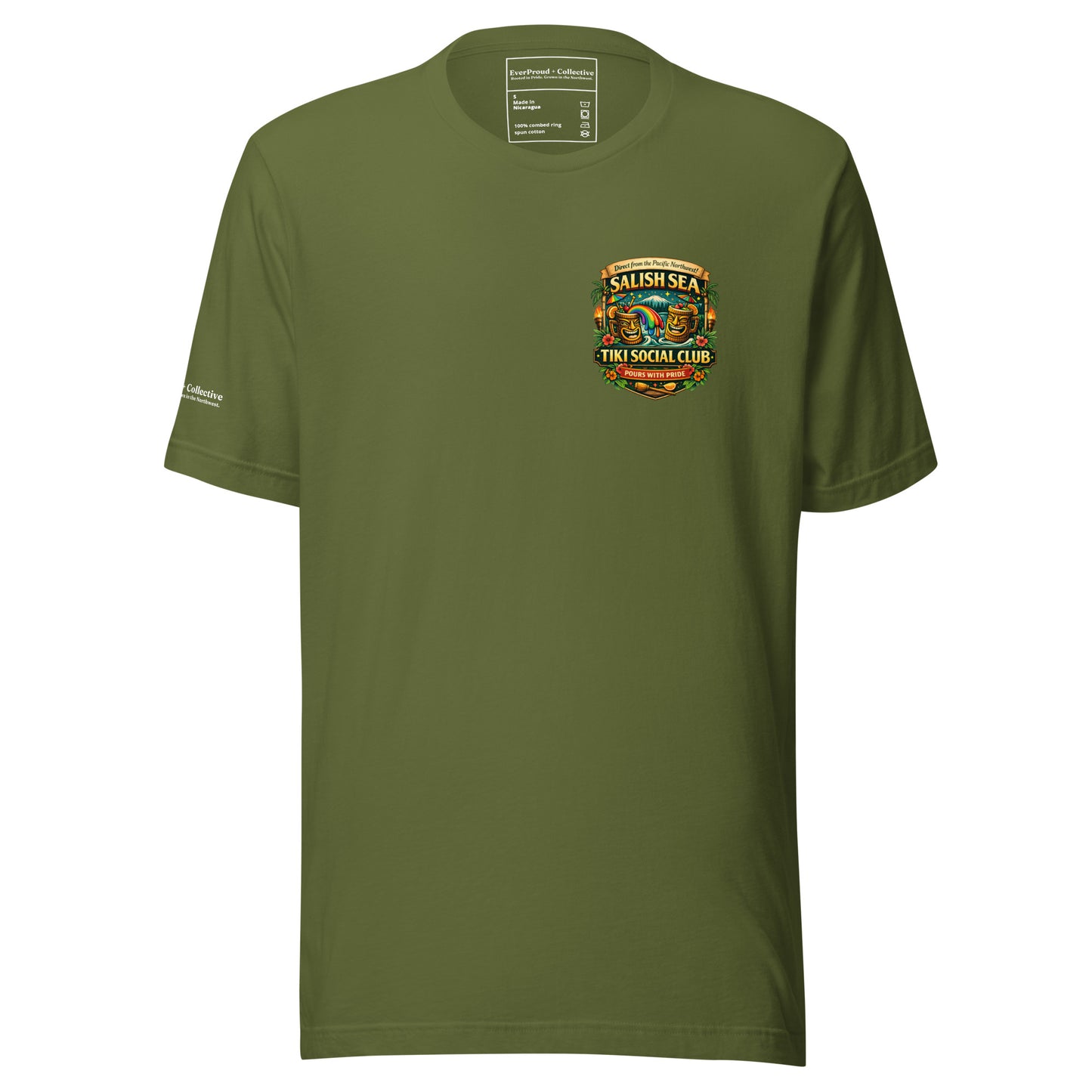 Serving Spirits Retro Tiki T-Shirt — olive, front view, queer-owned PNW Pride apparel