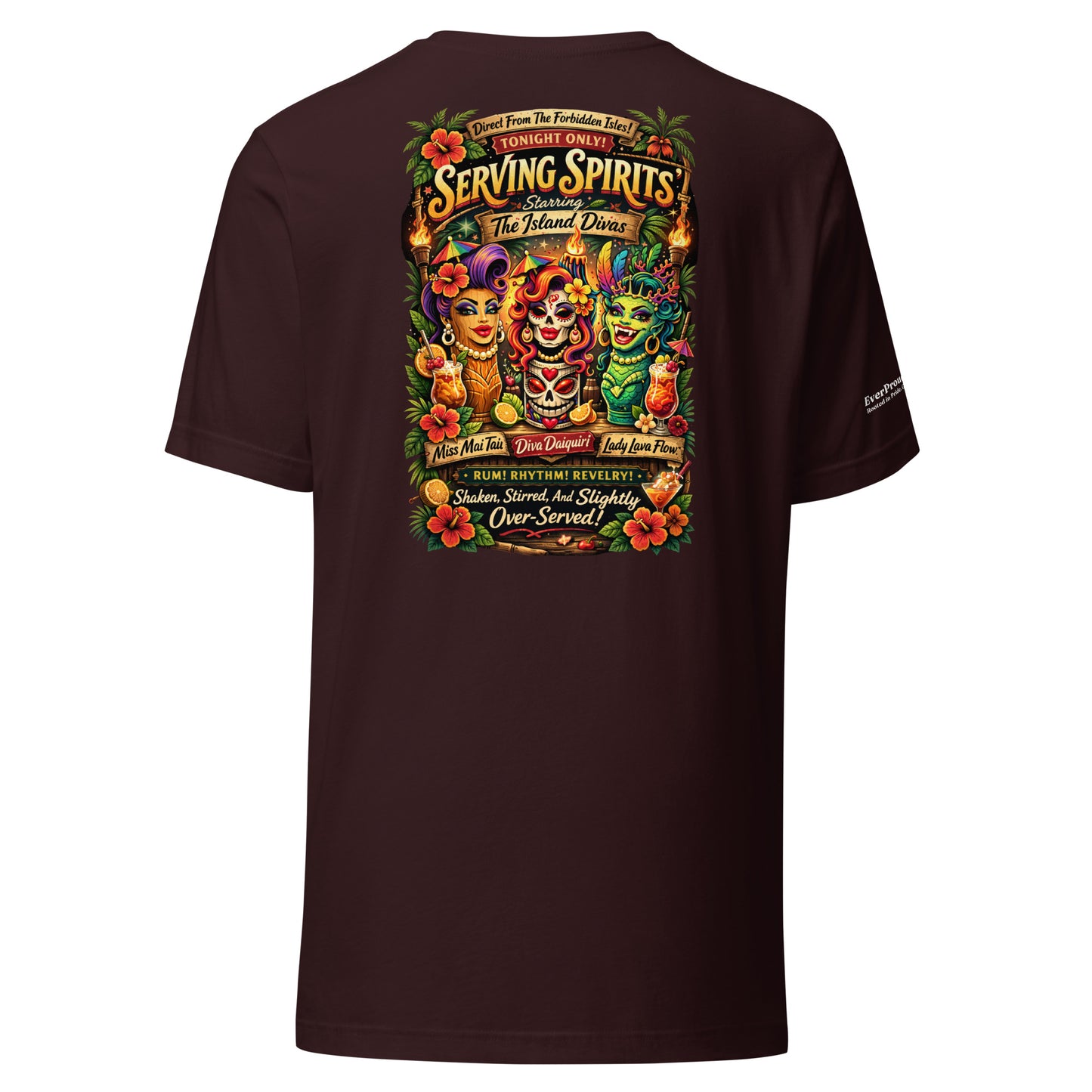 Serving Spirits Retro Tiki T-Shirt — oxblood black, back view, queer-owned PNW Pride apparel