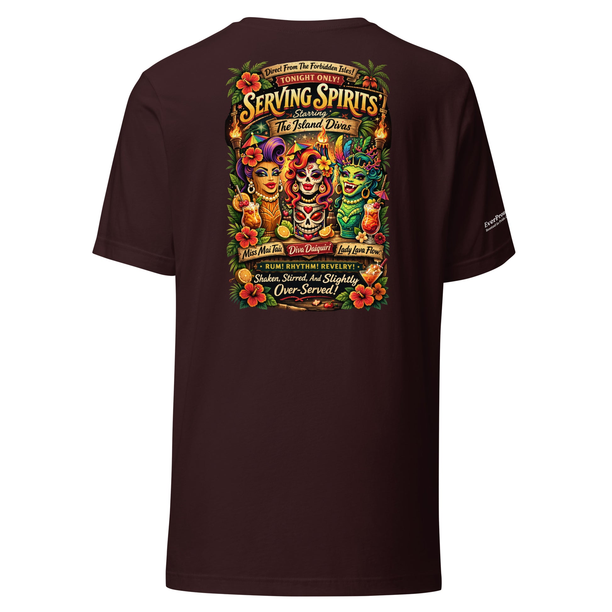 Serving Spirits Retro Tiki T-Shirt — oxblood black, back view, queer-owned PNW Pride apparel