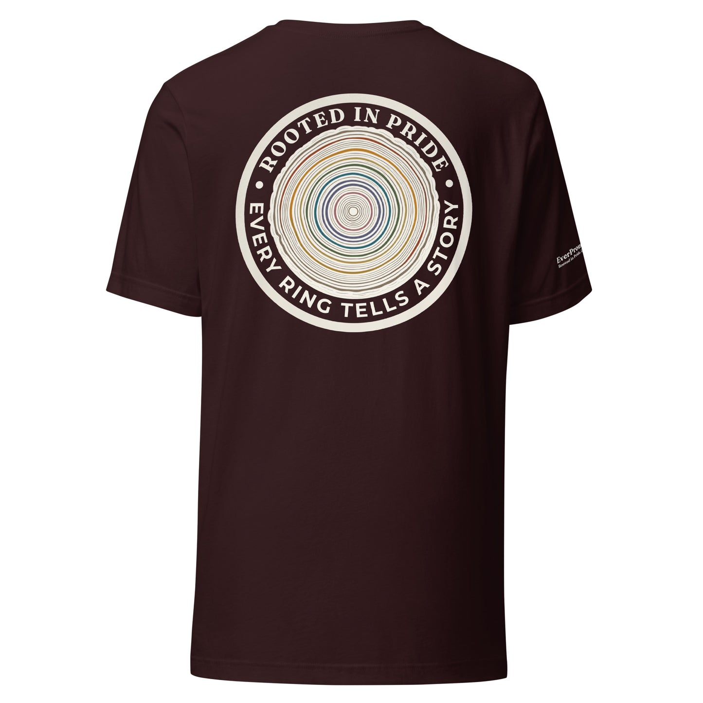 Quiet Rings T-Shirt — oxblood black, back view, queer-owned PNW Pride apparel