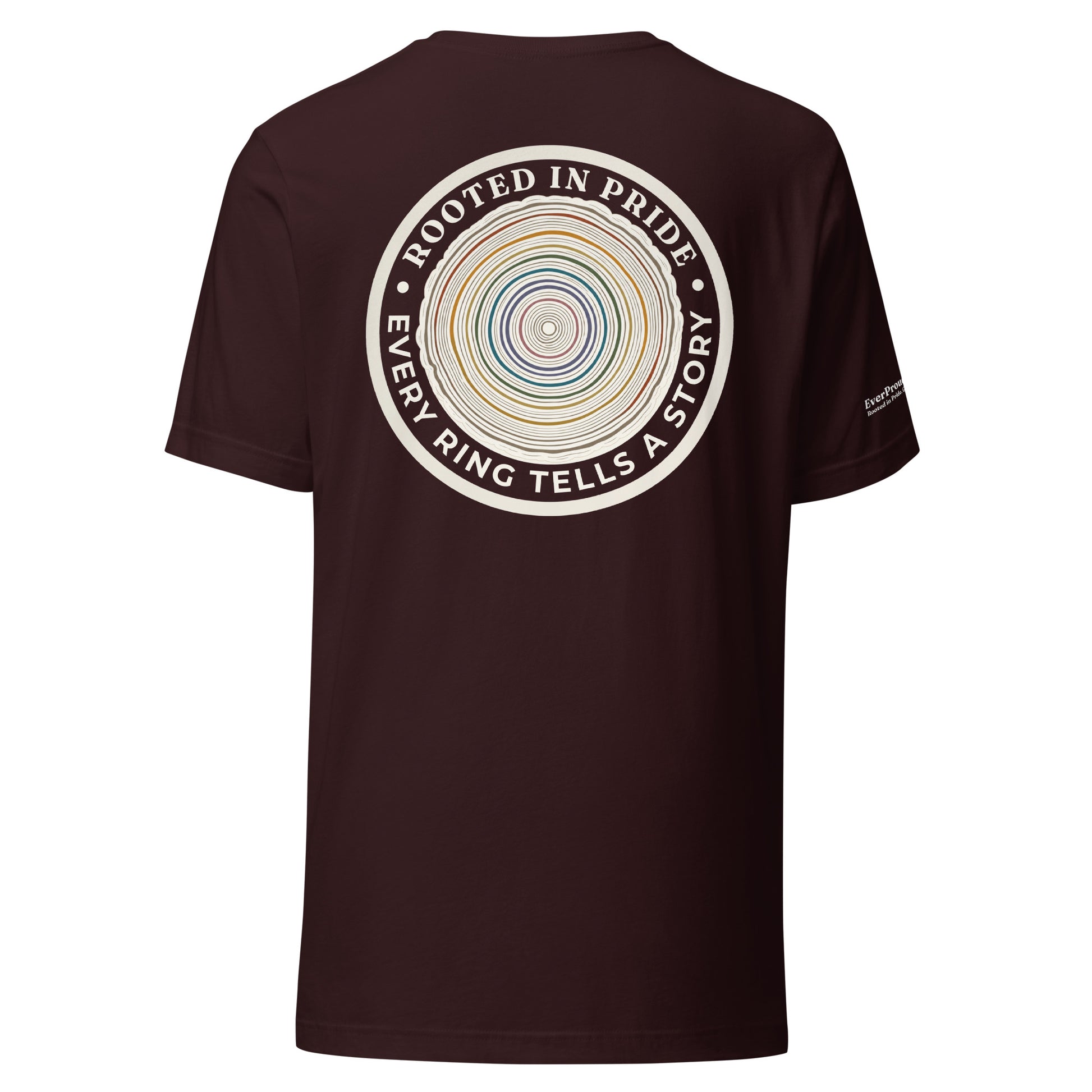 Quiet Rings T-Shirt — oxblood black, back view, queer-owned PNW Pride apparel