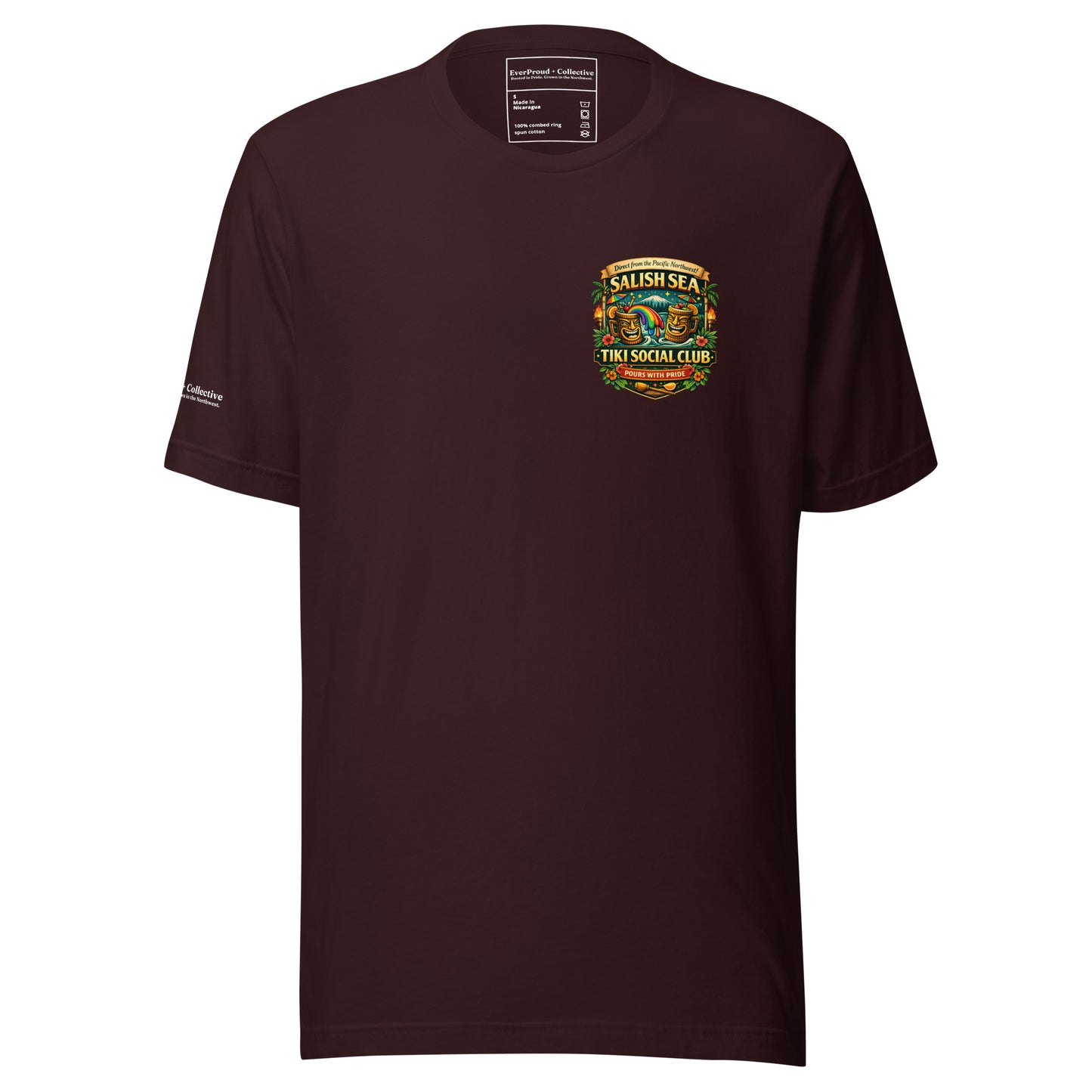 Serving Spirits Retro Tiki T-Shirt — oxblood black, front view, queer-owned PNW Pride apparel