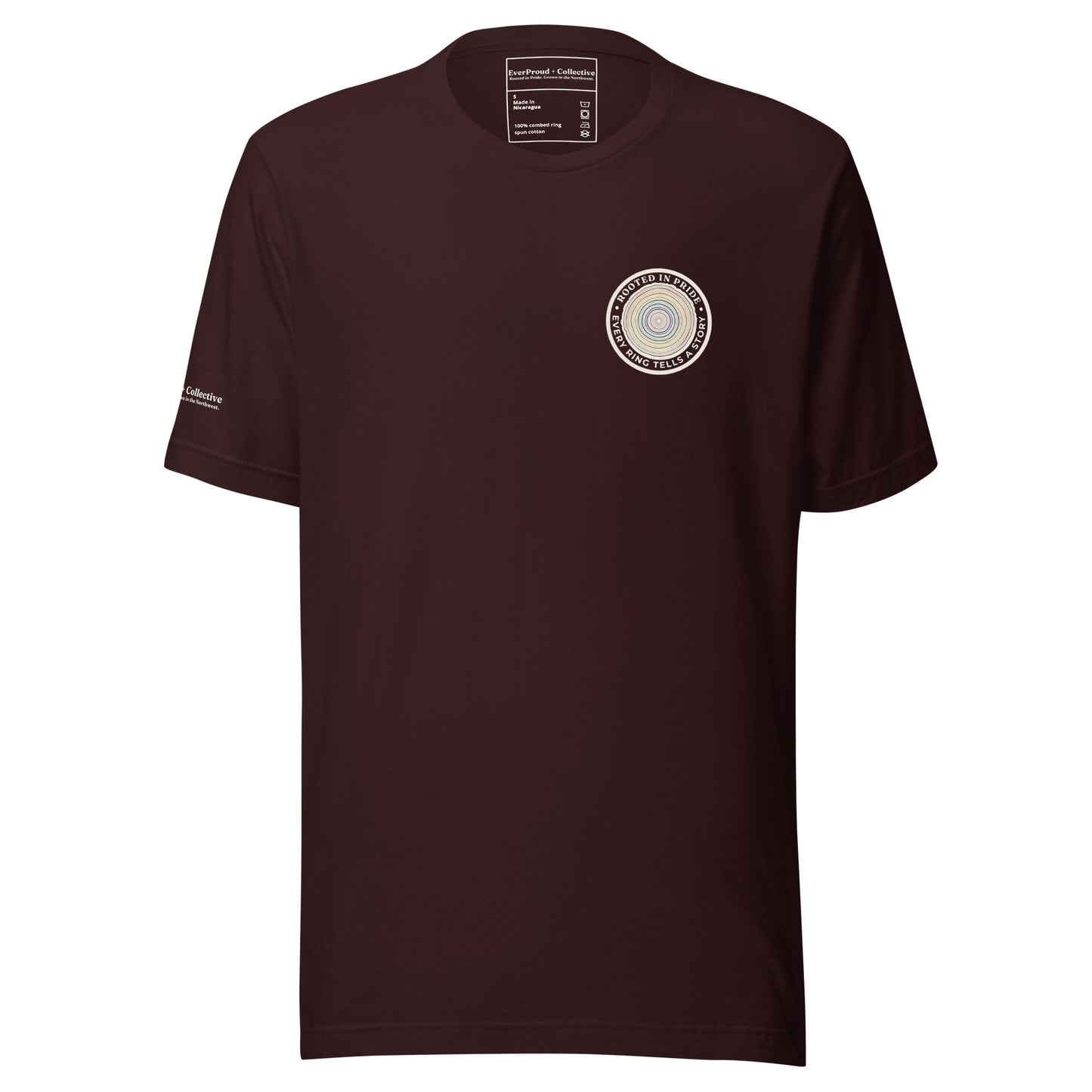 Quiet Rings T-Shirt — oxblood black, front view, queer-owned PNW Pride apparel