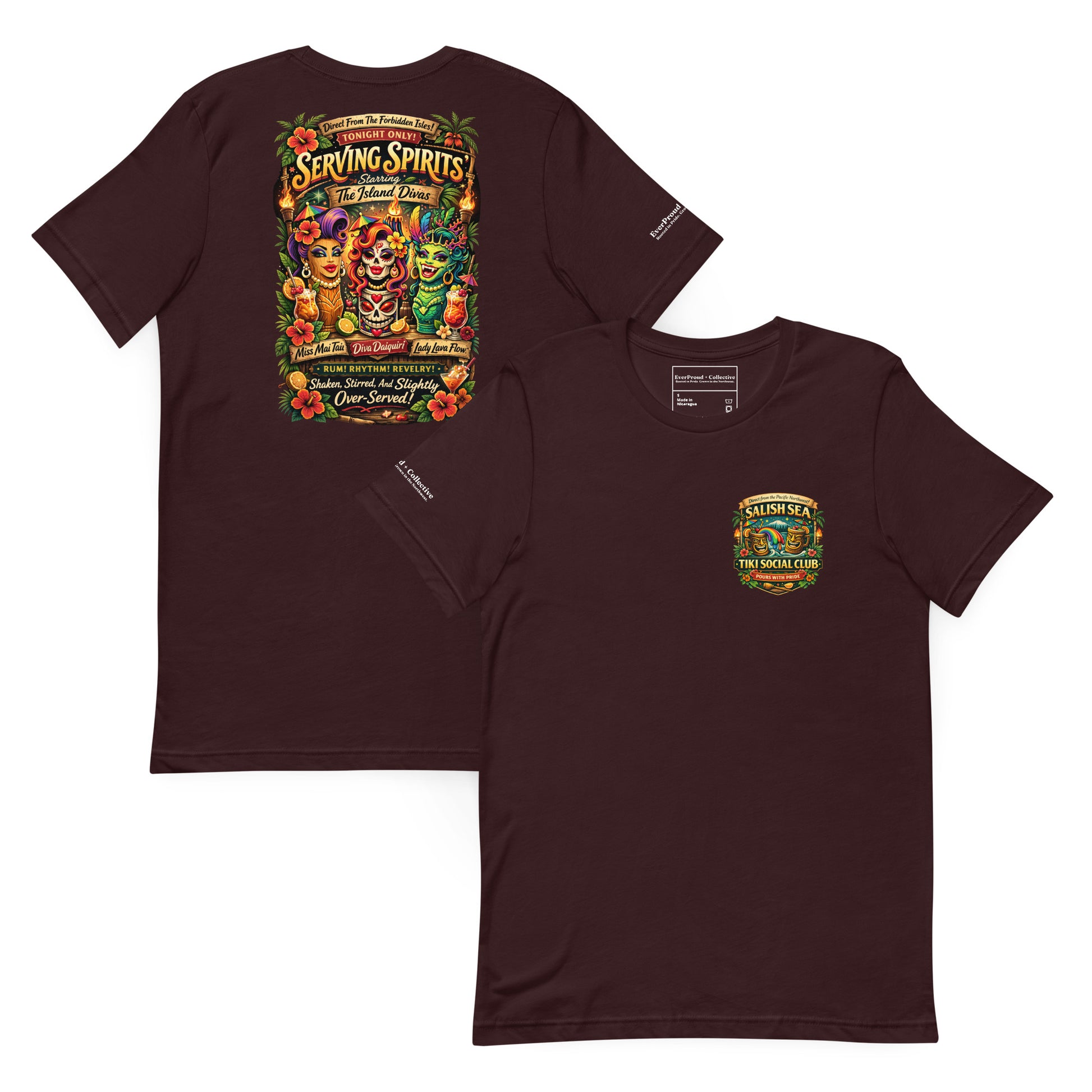 Serving Spirits Retro Tiki T-Shirt — oxblood black, front and back view, queer-owned PNW Pride apparel