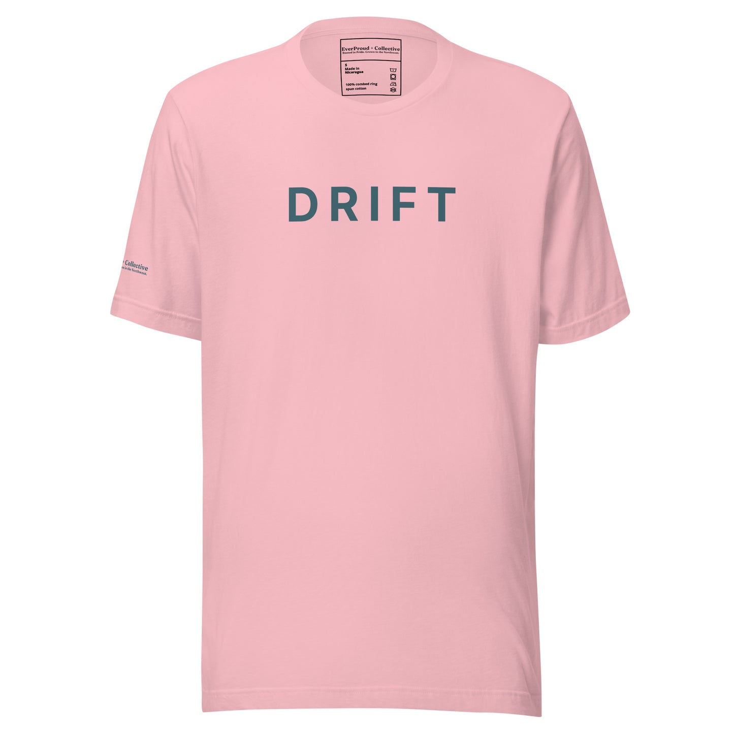 Drift T-Shirt — pink, front view, queer-owned PNW Pride apparel