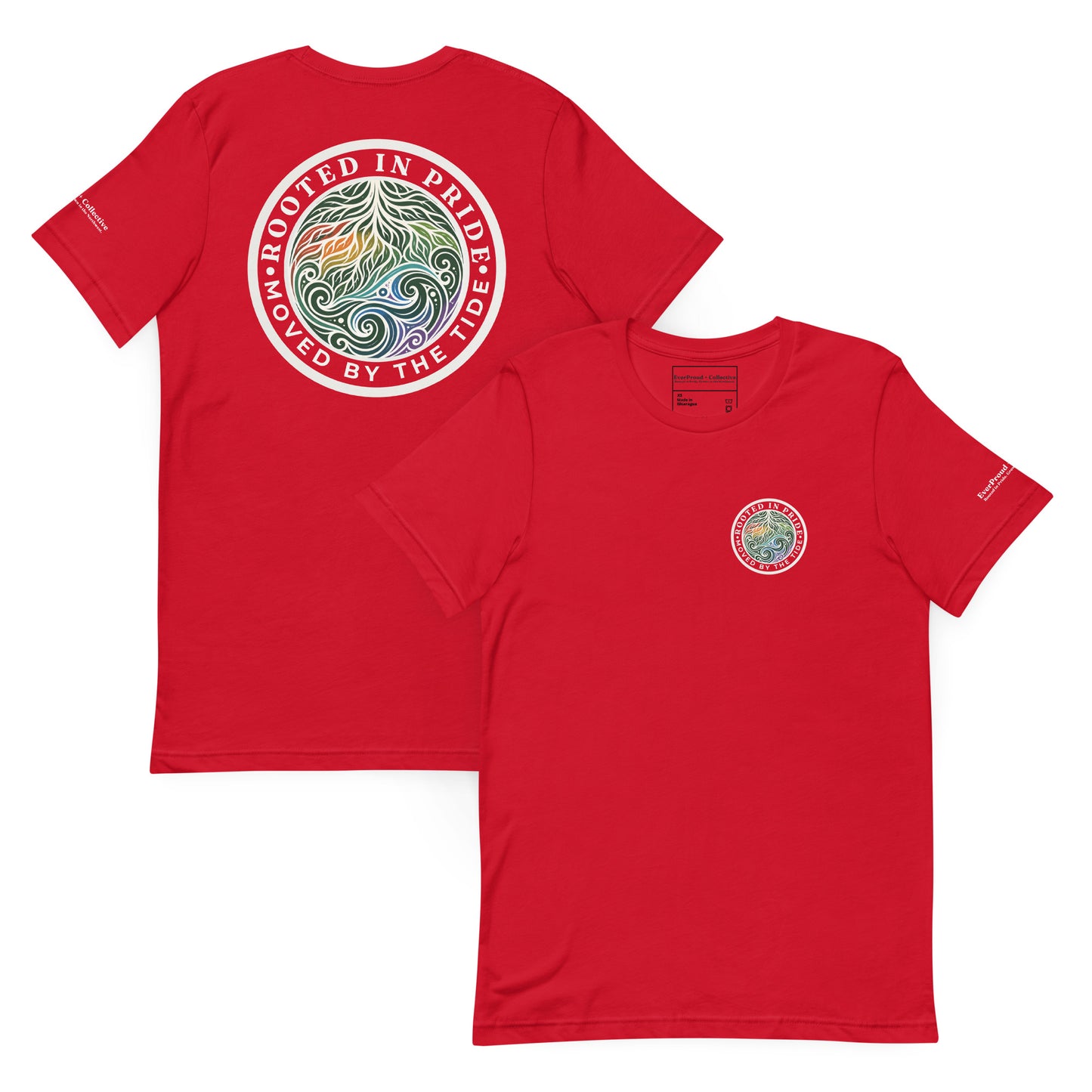 Moved by the Tide T-Shirt — red, front and back view, queer-owned PNW Pride apparel