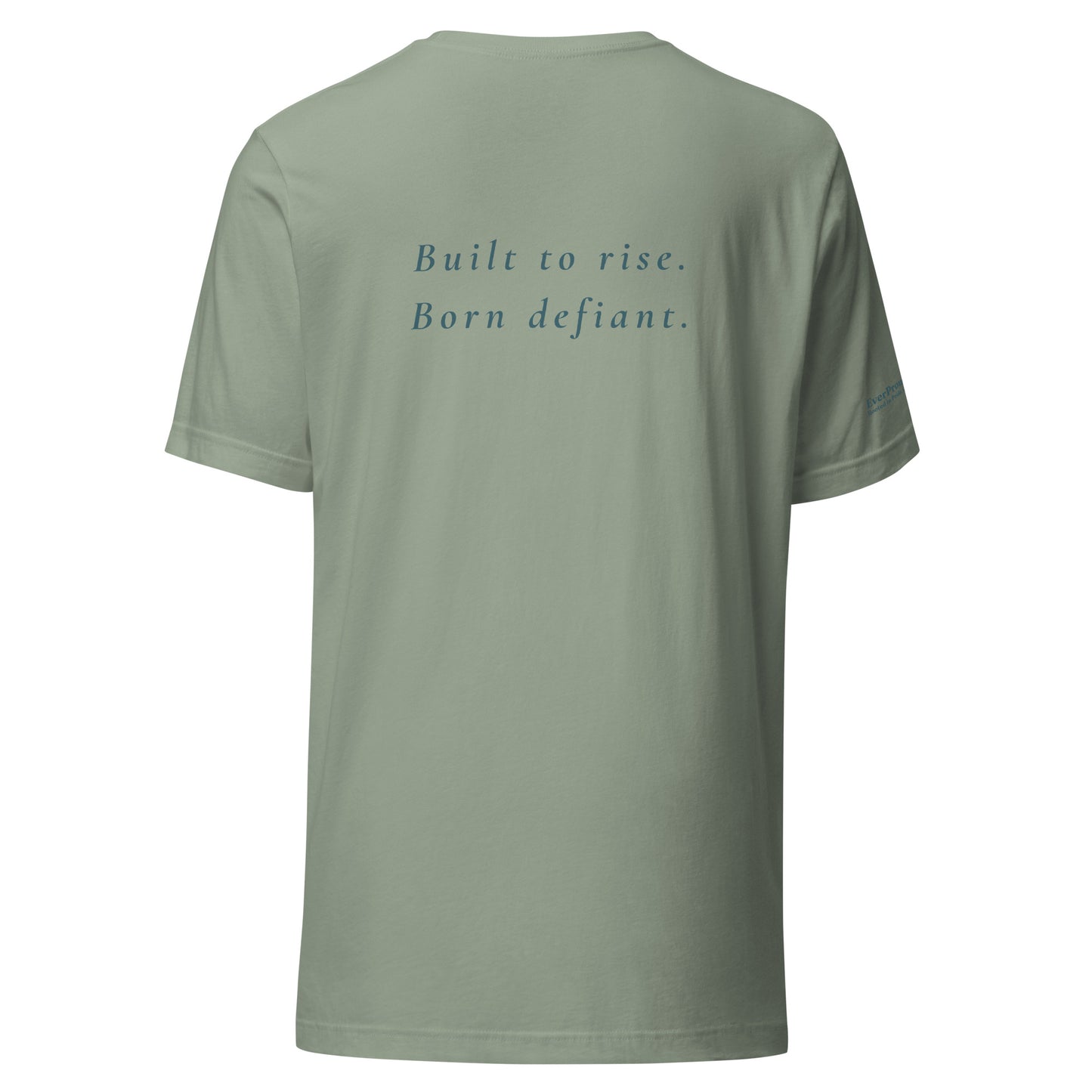 Defiant T-Shirt — sage, back view, queer-owned PNW Pride apparel