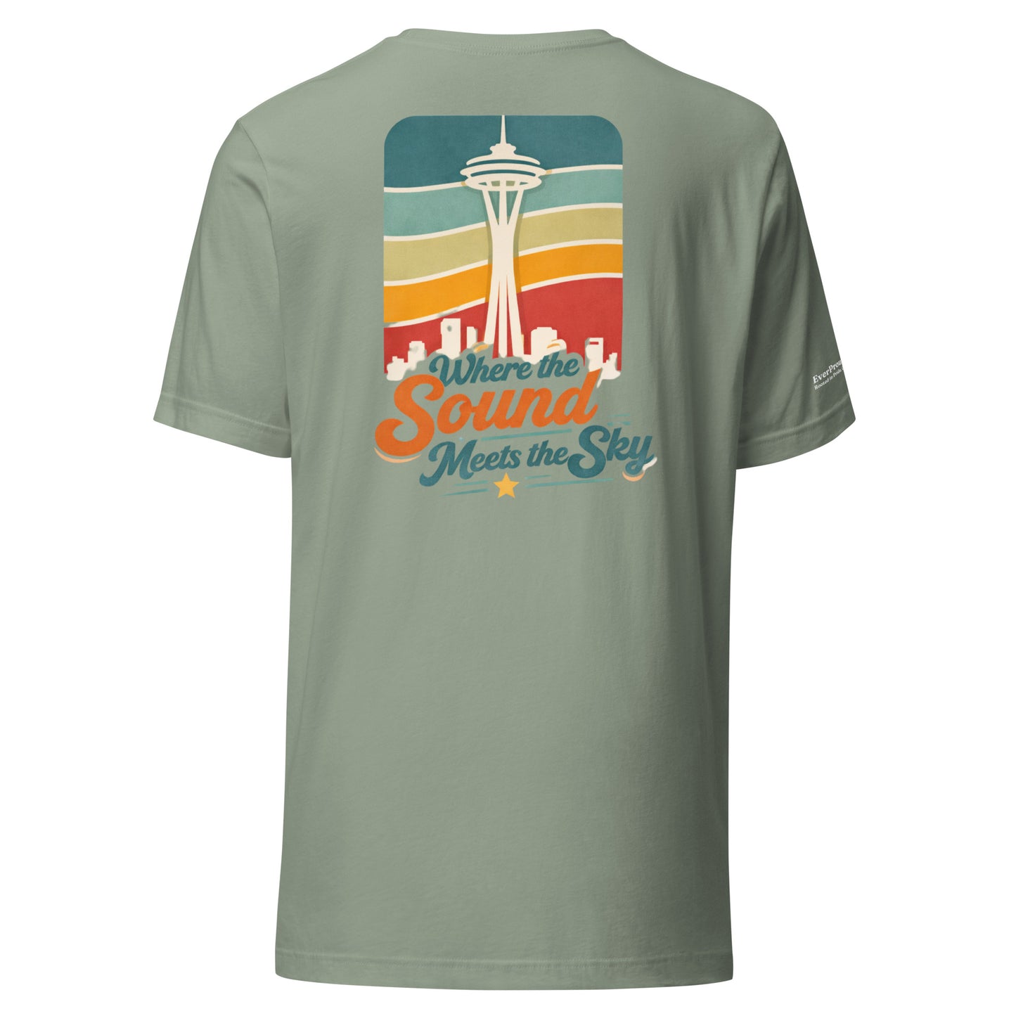 Where the Sound Meets the Sky T-Shirt — sage, back view, queer-owned PNW Pride apparel