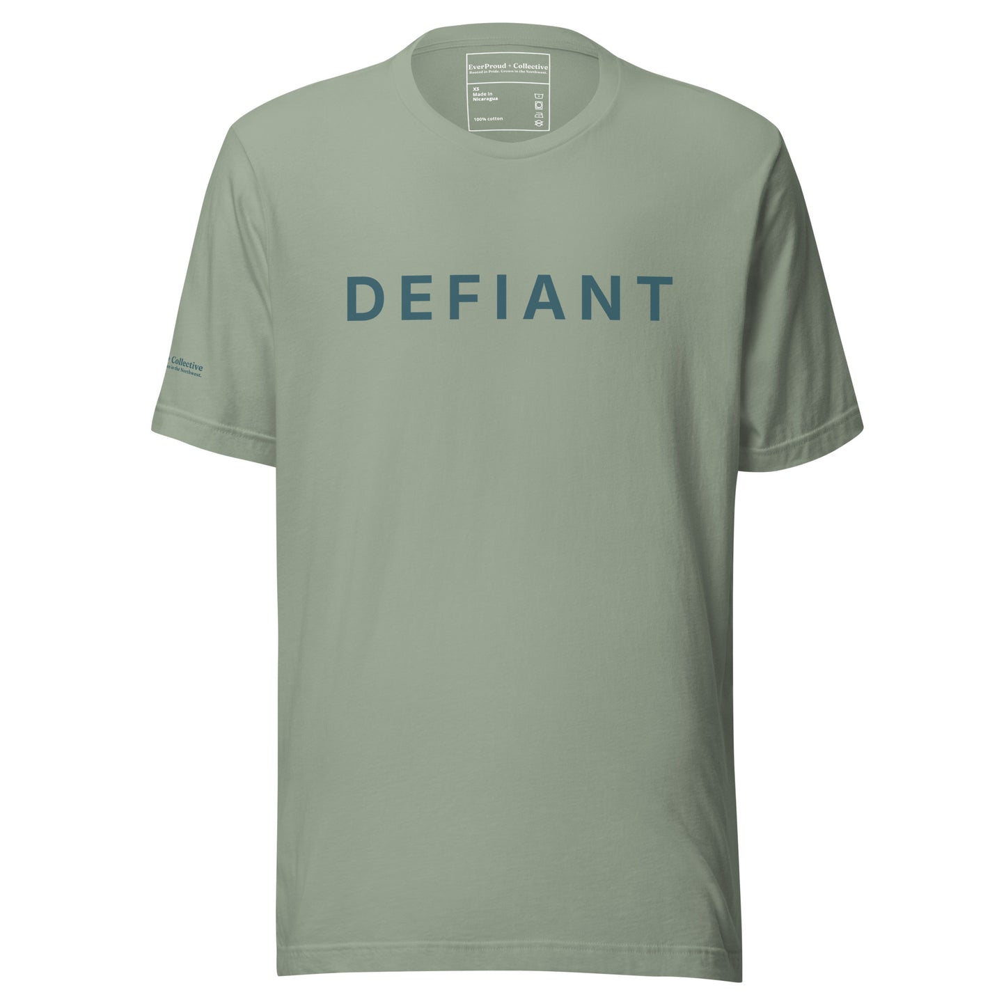 Defiant T-Shirt — sage, front view, queer-owned PNW Pride apparel