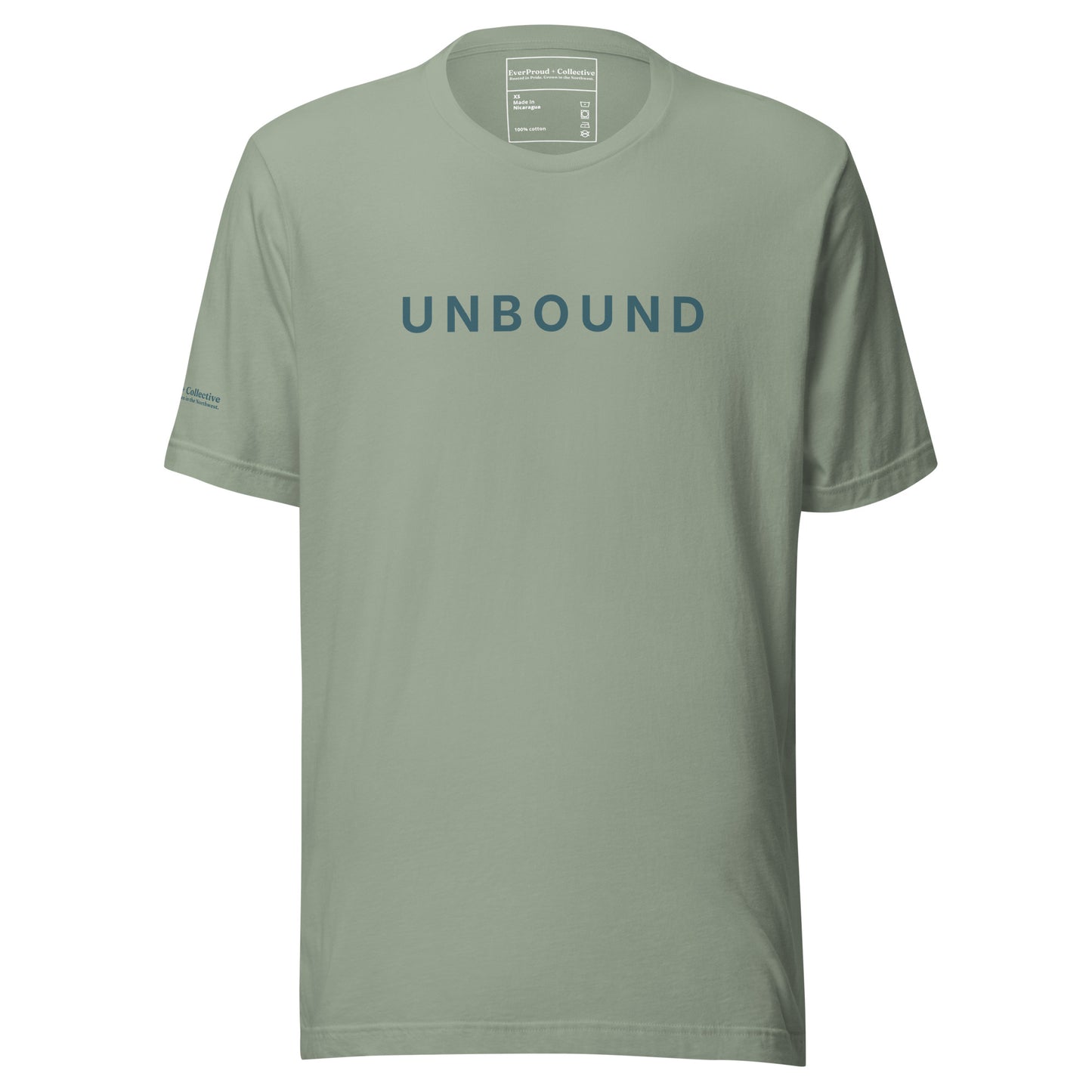 Unbound T-Shirt — sage, front view, queer-owned PNW Pride apparel