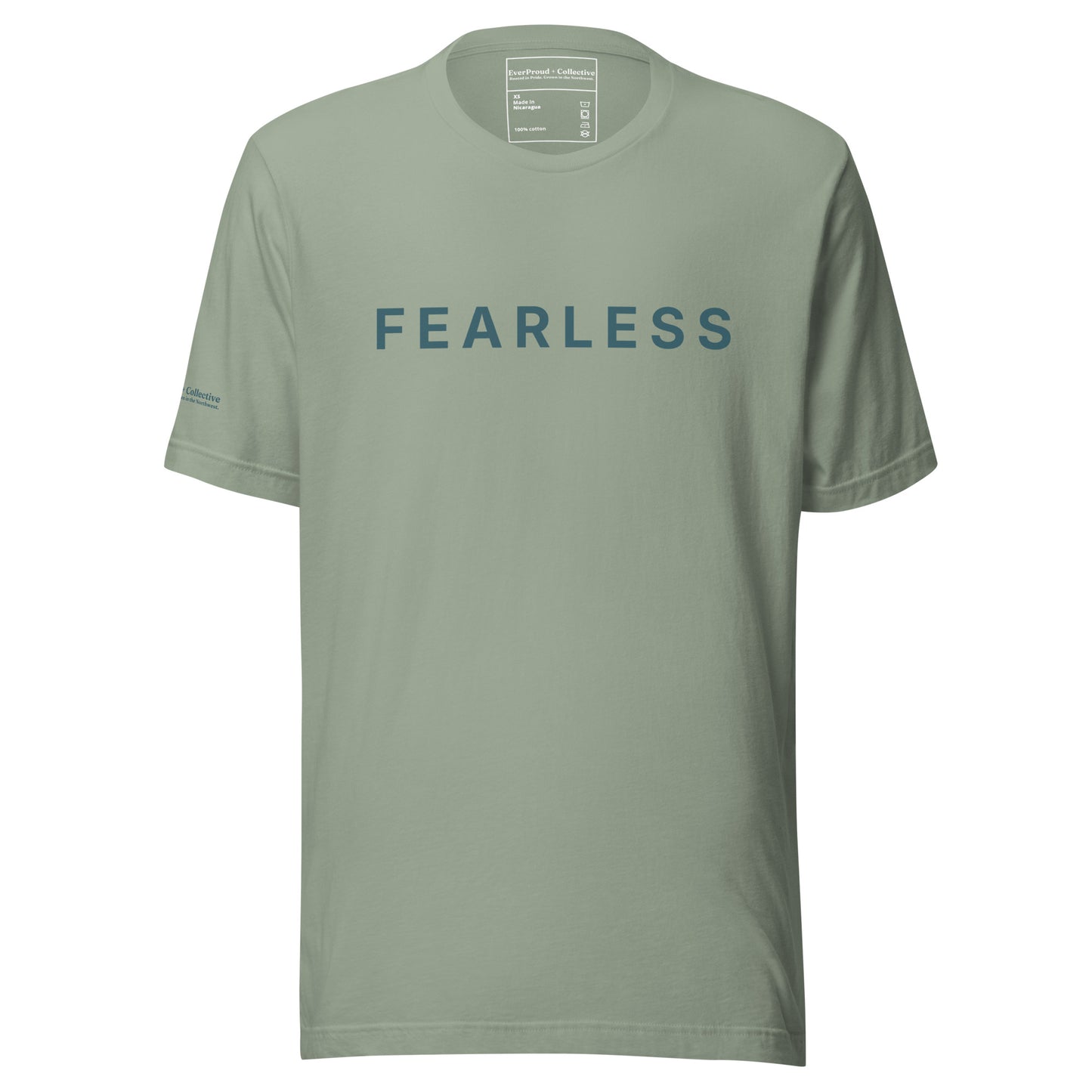 Fearless T-Shirt — sage, front view, queer-owned PNW Pride apparel