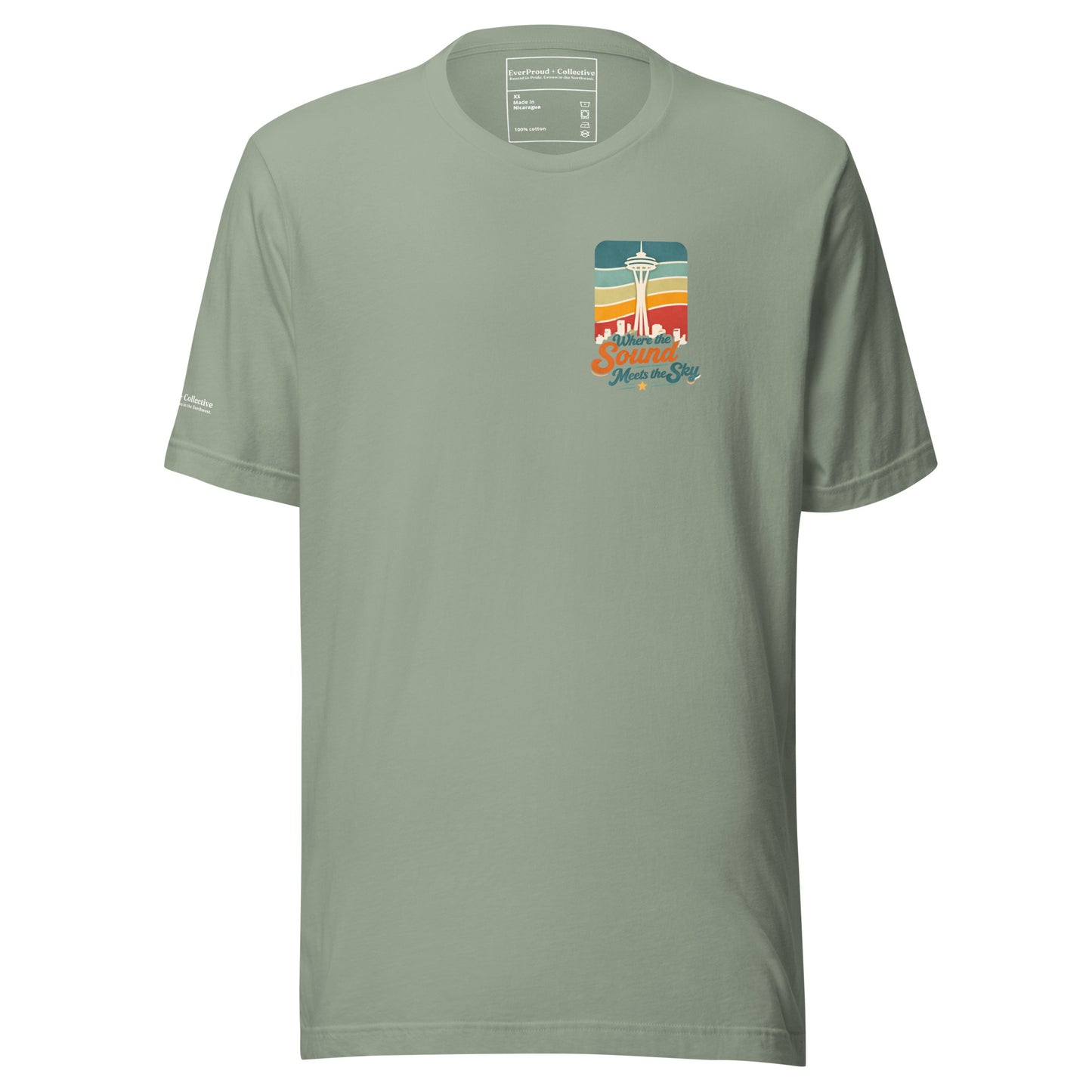 Where the Sound Meets the Sky T-Shirt — sage, front view, queer-owned PNW Pride apparel