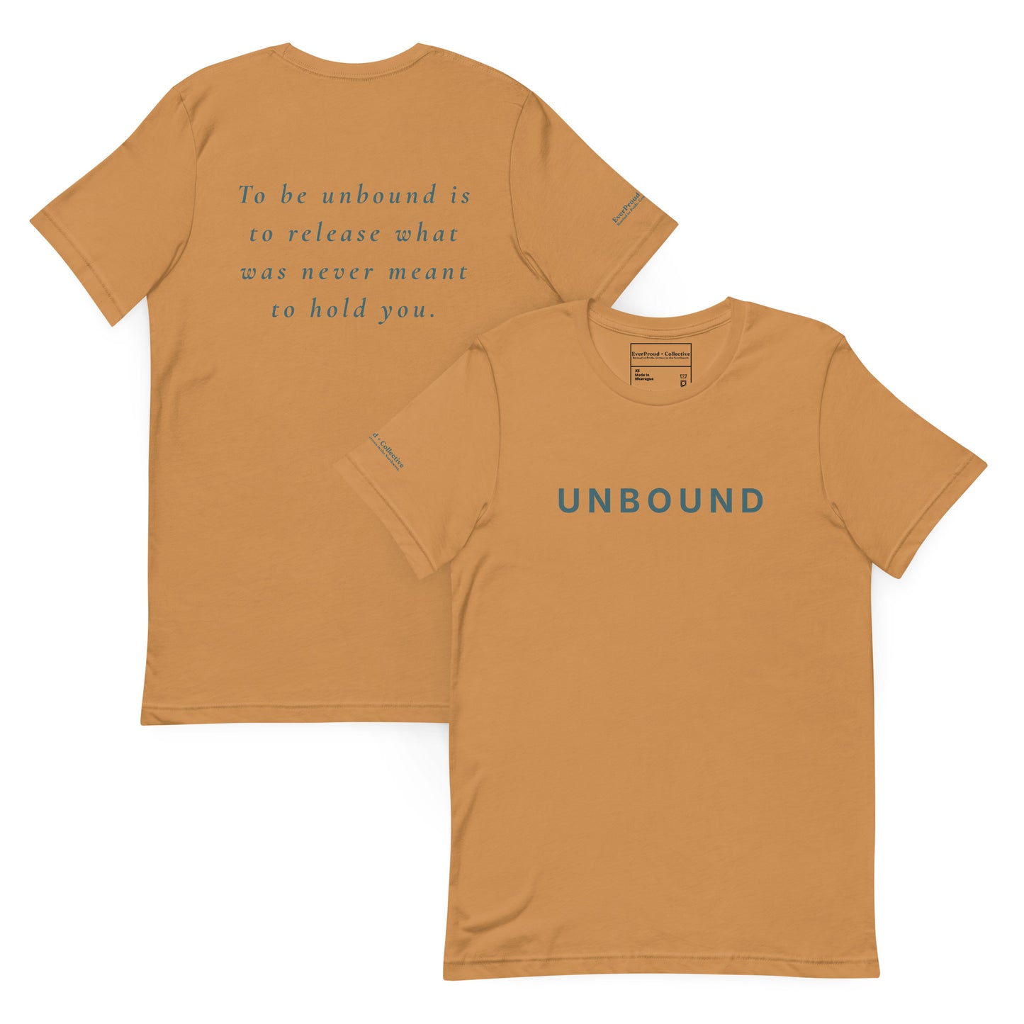 Unbound T-Shirt — toast, front and back view, queer-owned PNW Pride apparel