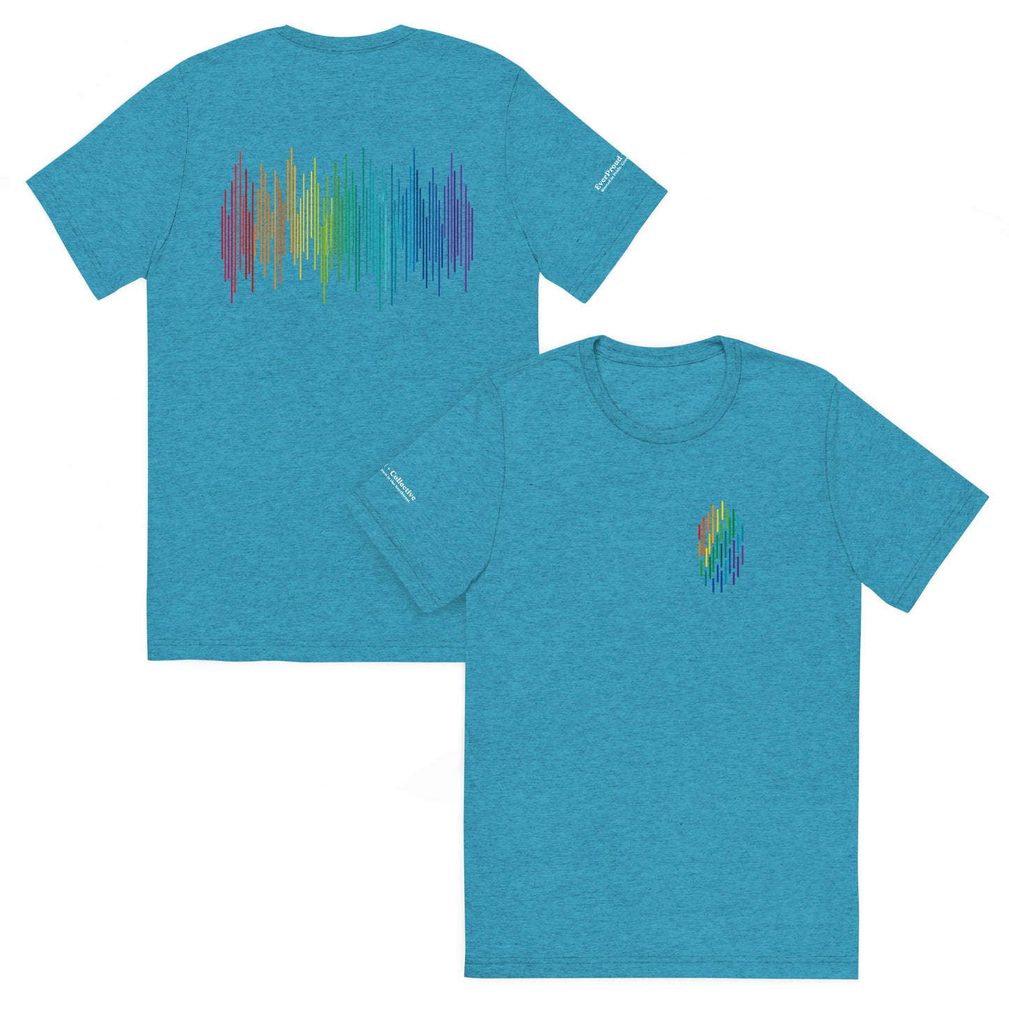 PrideFall T-Shirt — aqua triblend, front and back view, queer-owned PNW Pride apparel