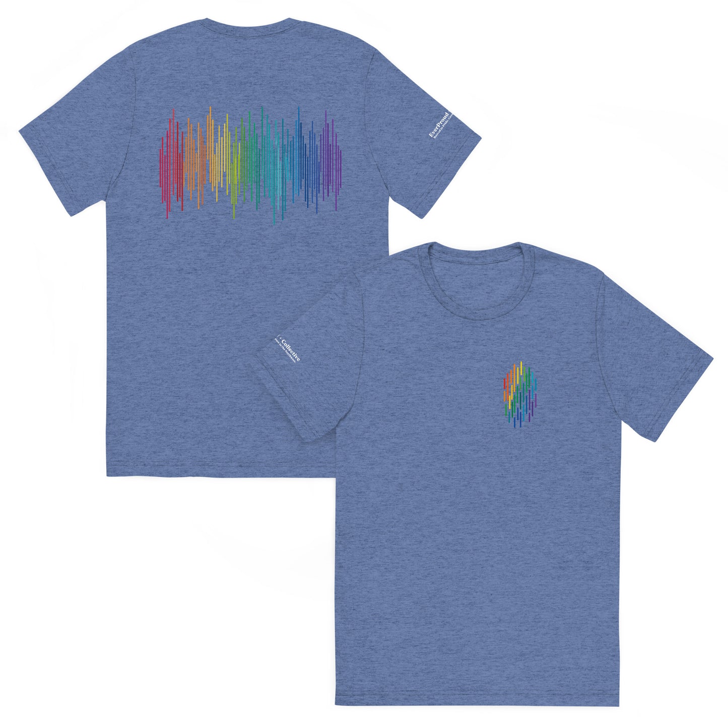 PrideFall T-Shirt — blue triblend, front and back view, queer-owned PNW Pride apparel
