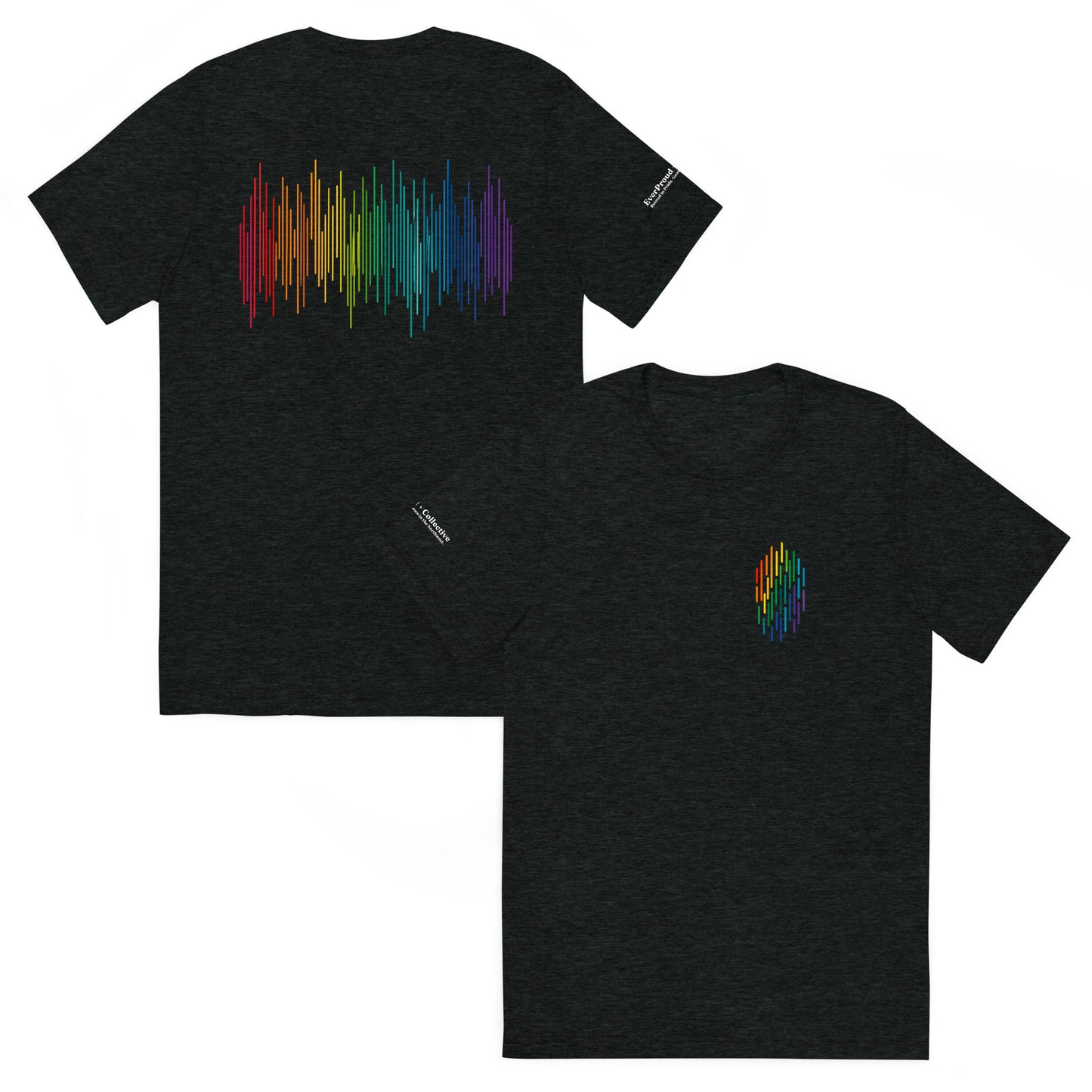 PrideFall T-Shirt — charcoal black triblend, front and back view, queer-owned PNW Pride apparel