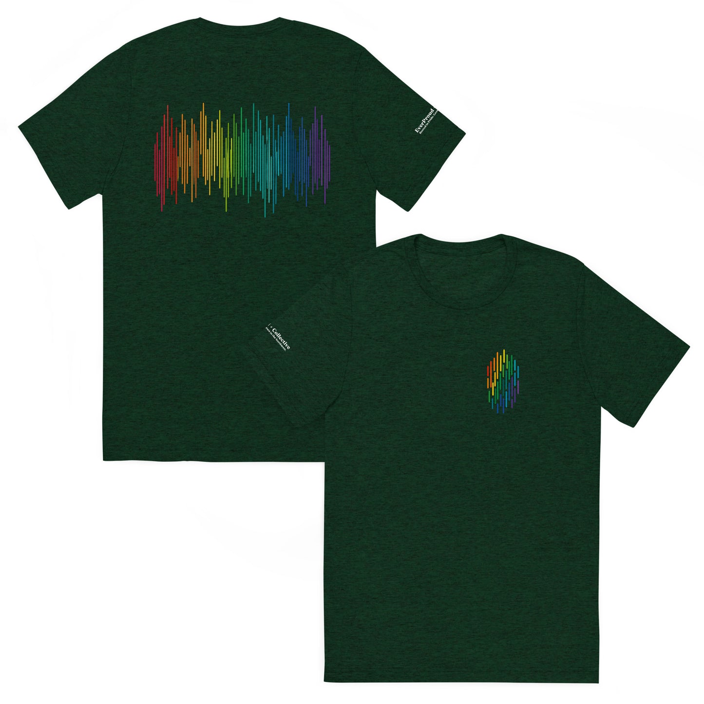 PrideFall T-Shirt — emerald triblend, front and back view, queer-owned PNW Pride apparel