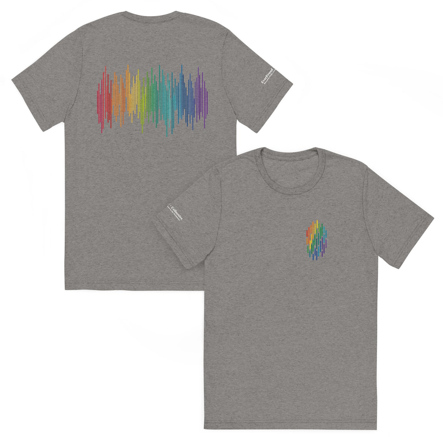 PrideFall T-Shirt — grey triblend, front and back view, queer-owned PNW Pride apparel