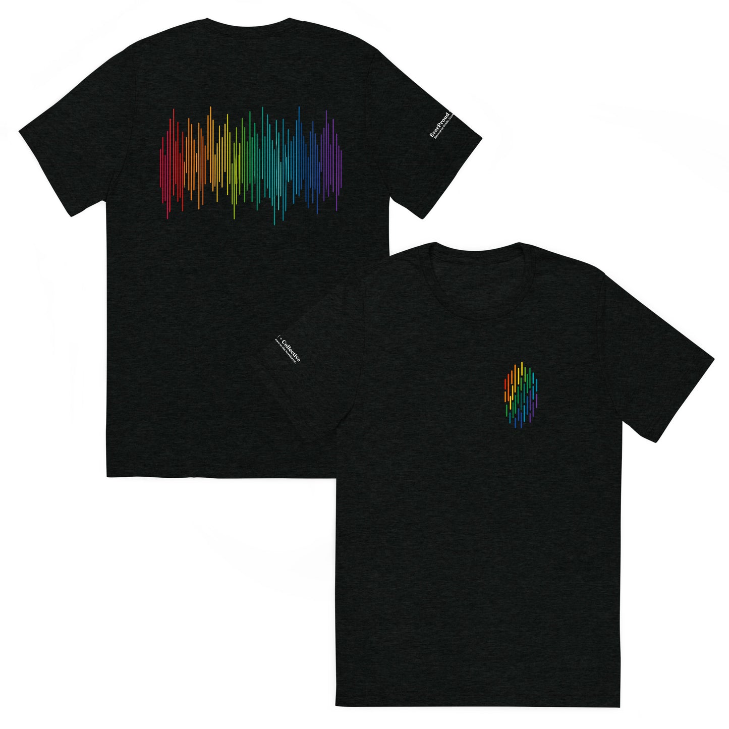 PrideFall T-Shirt — solid black triblend, front and back view, queer-owned PNW Pride apparel