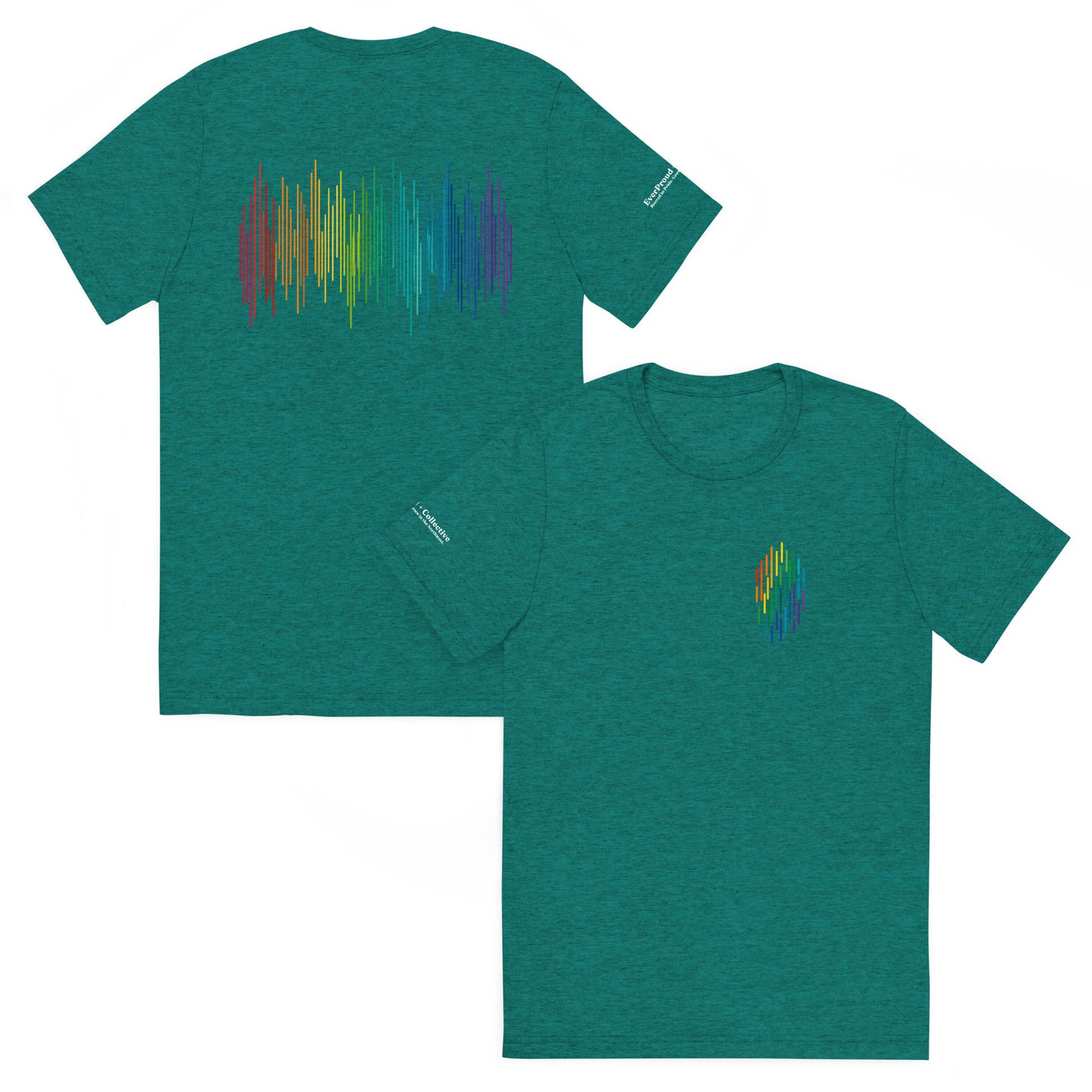 PrideFall T-Shirt — teal triblend, front and back view, queer-owned PNW Pride apparel