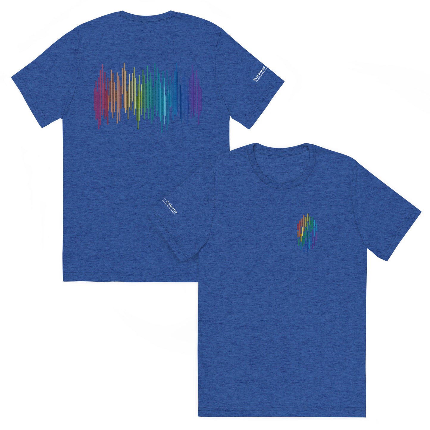 PrideFall T-Shirt — true royal triblend, front and back view, queer-owned PNW Pride apparel