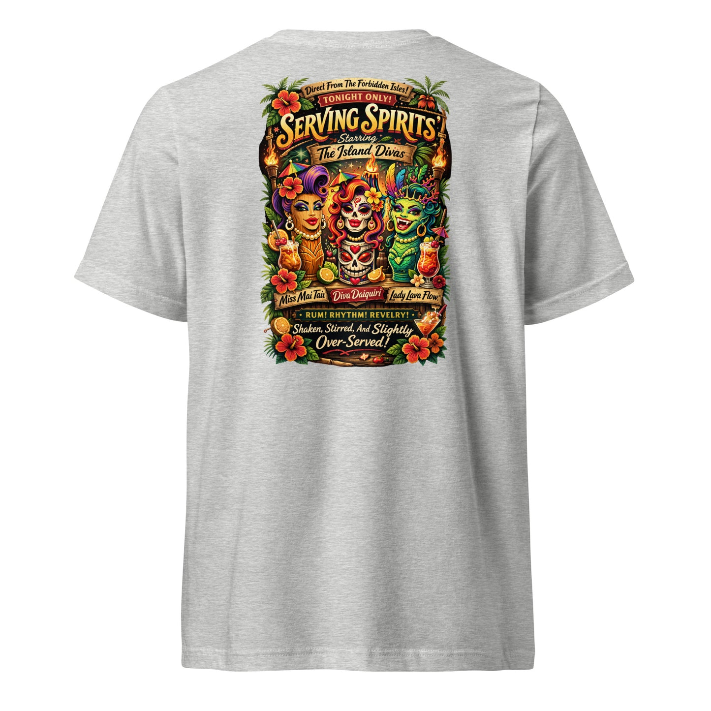 Serving Spirits Retro Tiki Women's Relaxed V-Neck T-Shirt — athletic heather, back view, queer-owned PNW Pride apparel