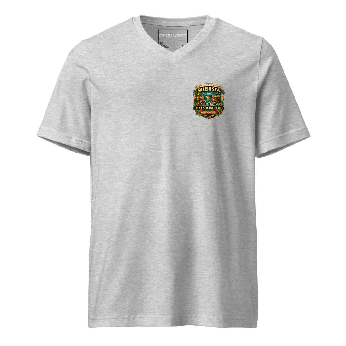 Serving Spirits Retro Tiki Women's Relaxed V-Neck T-Shirt — athletic heather, front view, queer-owned PNW Pride apparel